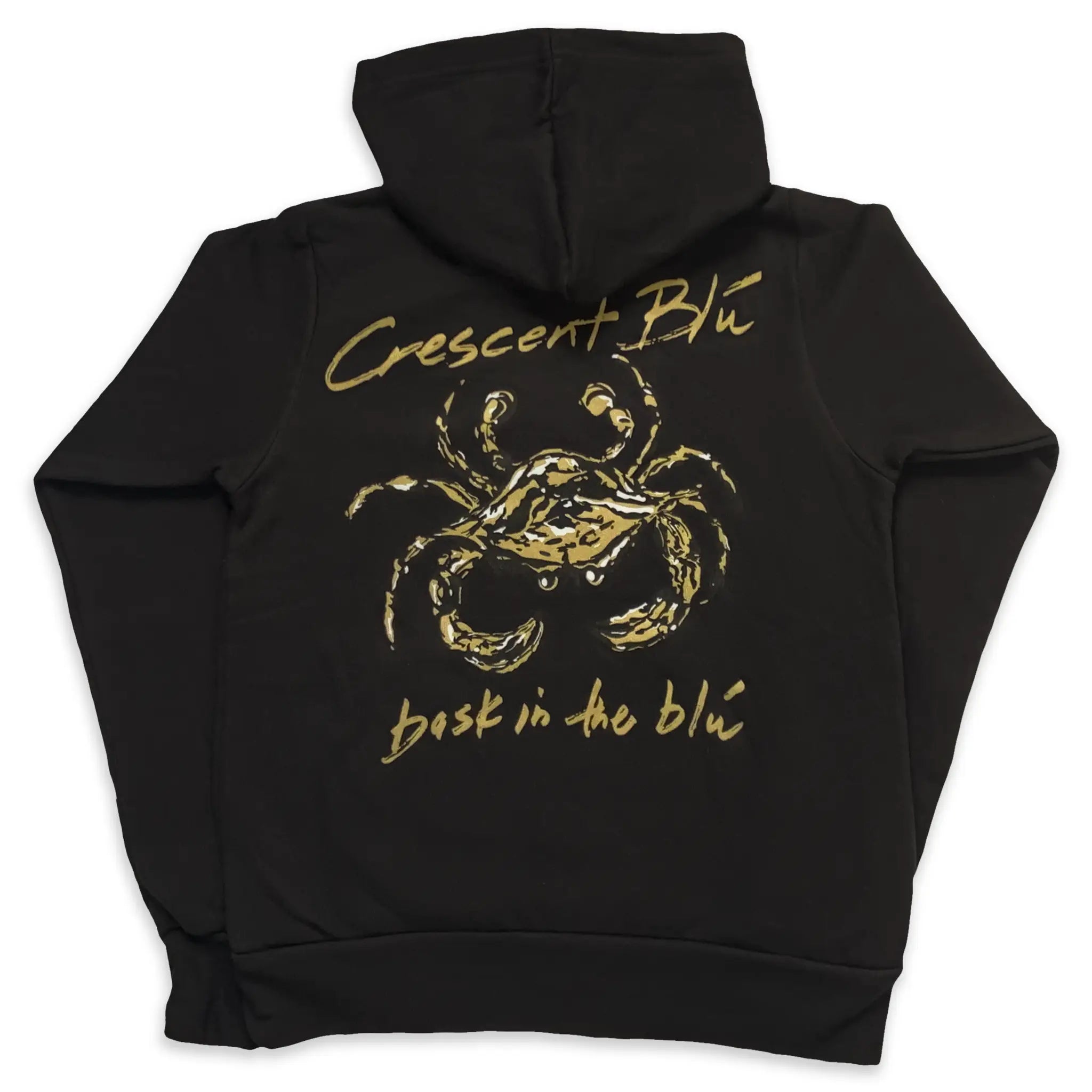 Black hoodie with gold Saints colored crab and Crescent Blu Text on the back.