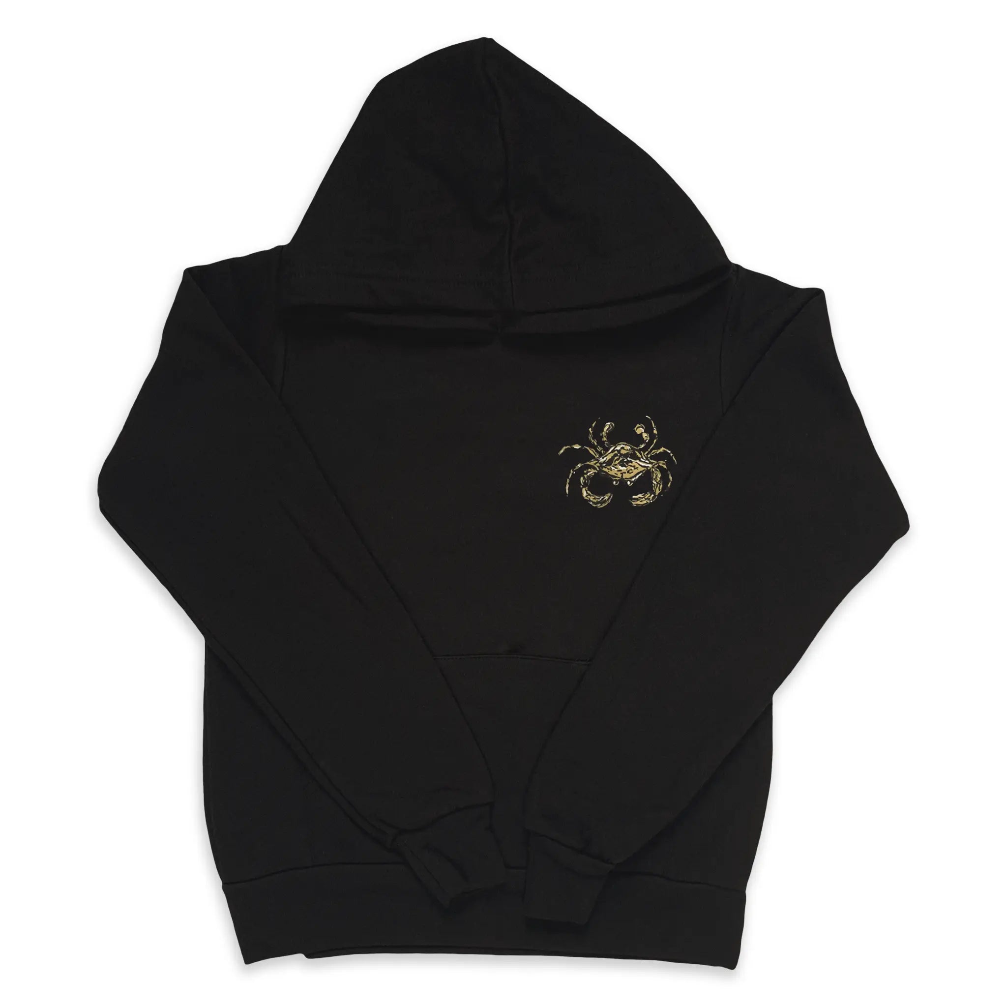 Black sponge fleece hoodie sweatshirt  with a gold, white, and black crab on the front left chest
