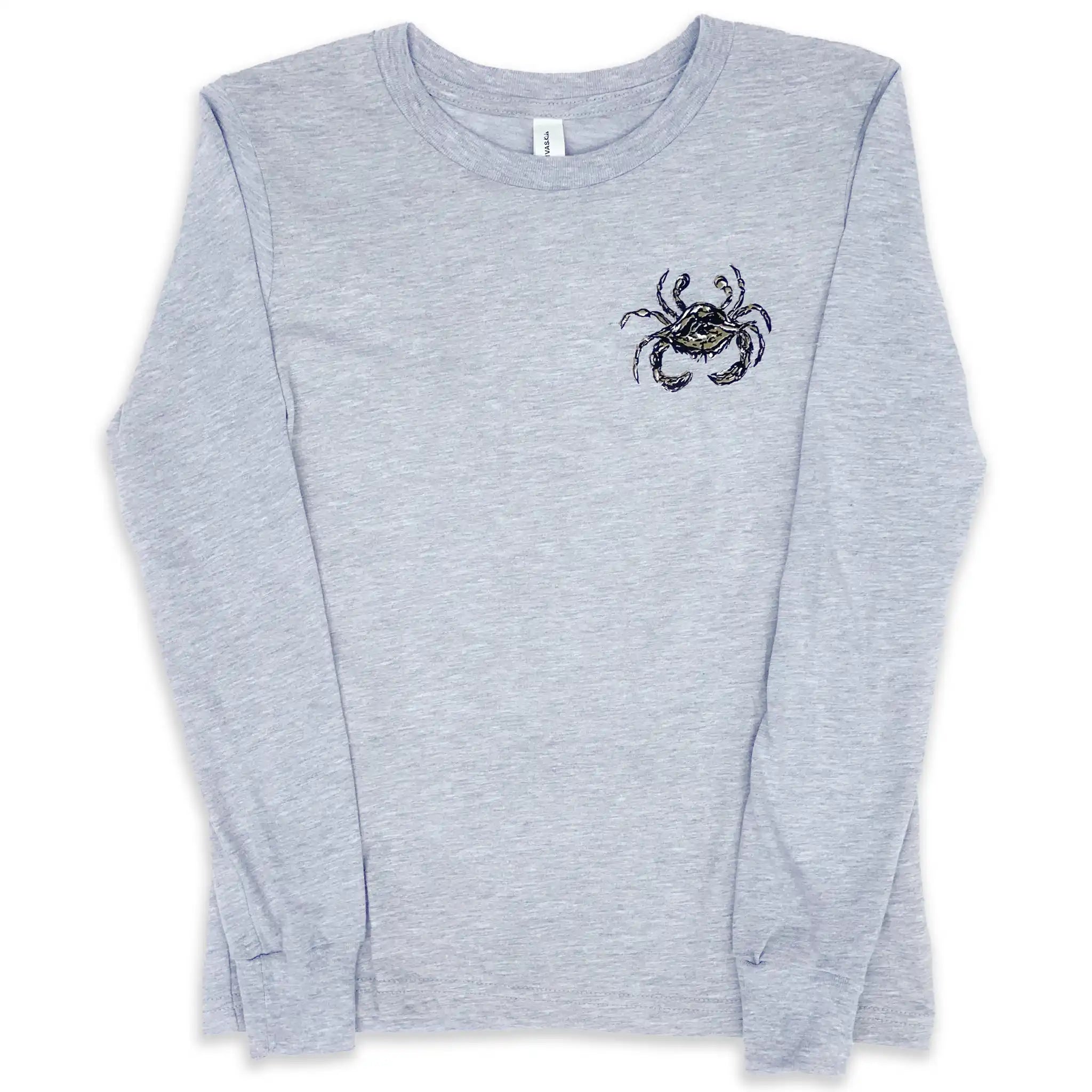 Back view of youth Crescent Blú Black & Gold Saints Crab long sleeve tee in athletic heather gray