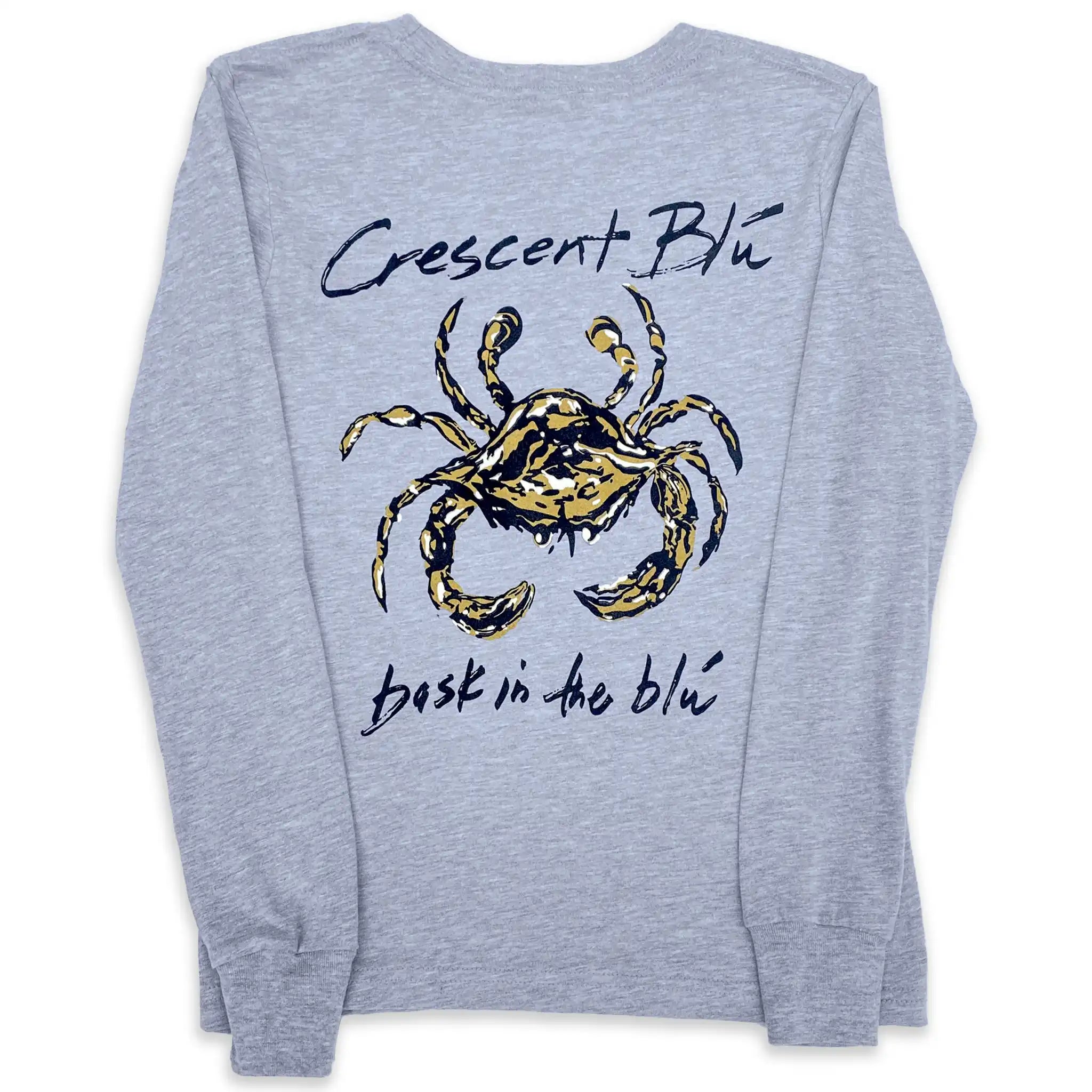 Front view of youth Crescent Blú Black & Gold Saints Crab long sleeve tee in athletic heather gray