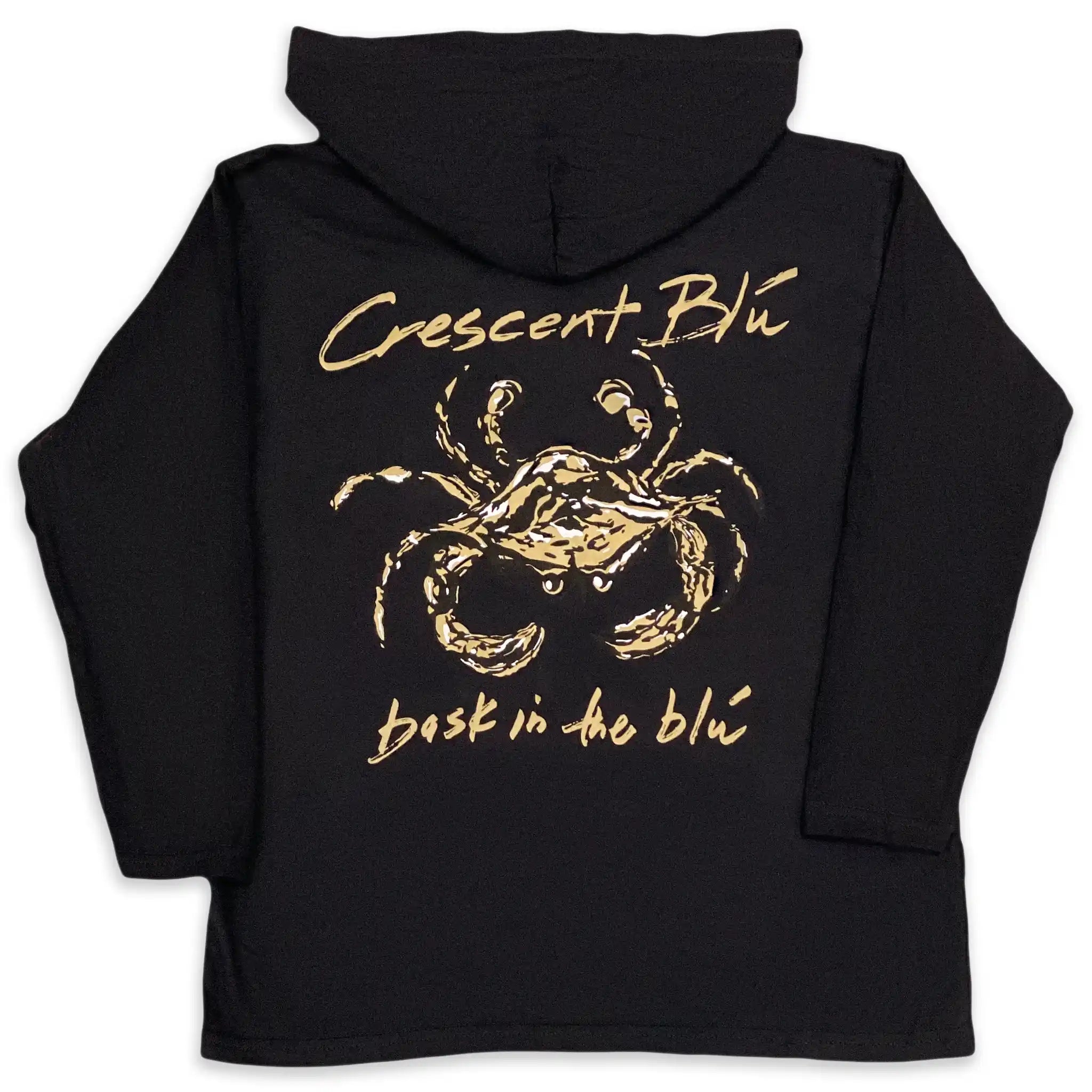 Back view of youth Crescent Blú Black & Gold Saints Crab hoodie t-shirt in black with gold accents