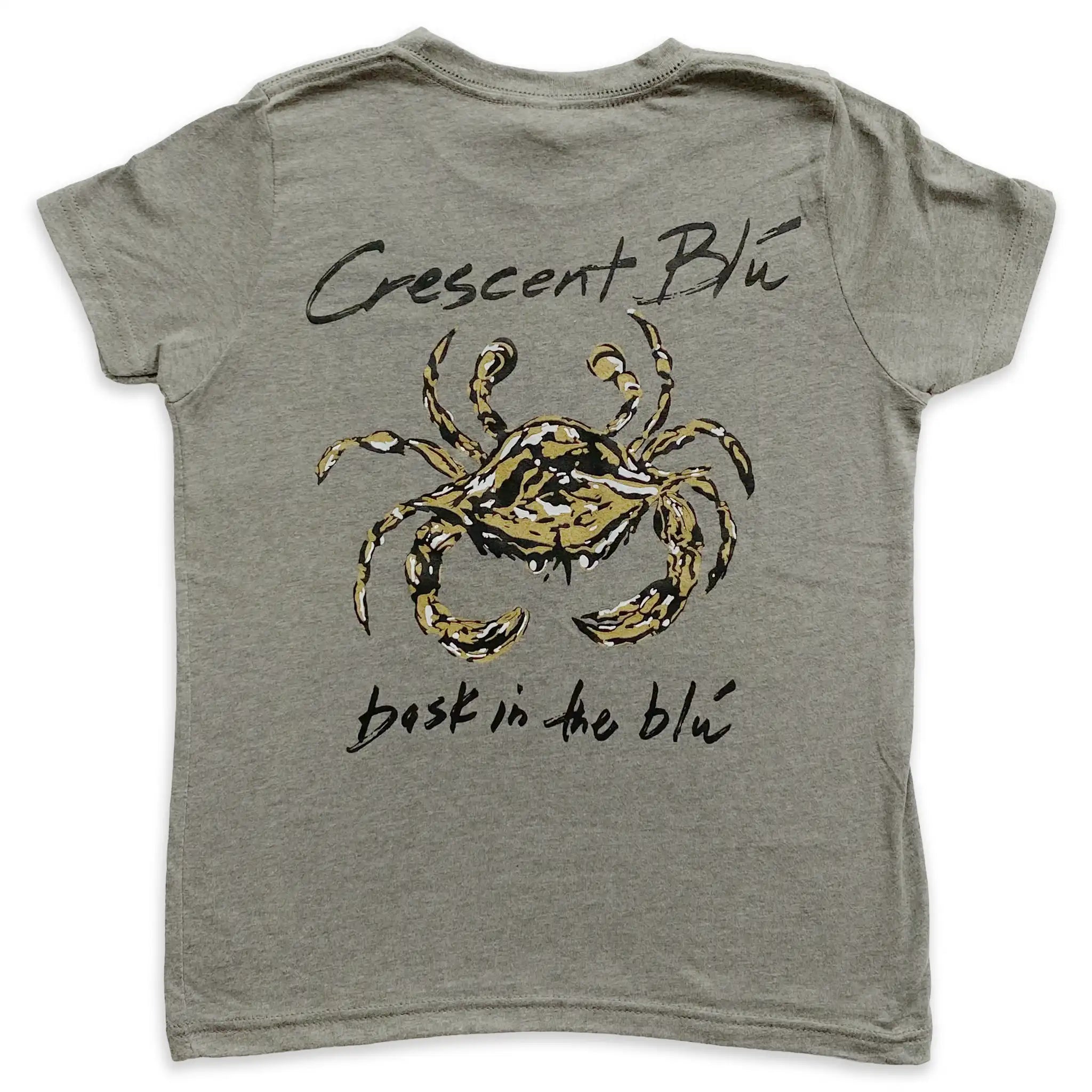 The back of a youth short sleeve youth heather grey t-shirt with a black and gold crab on the back