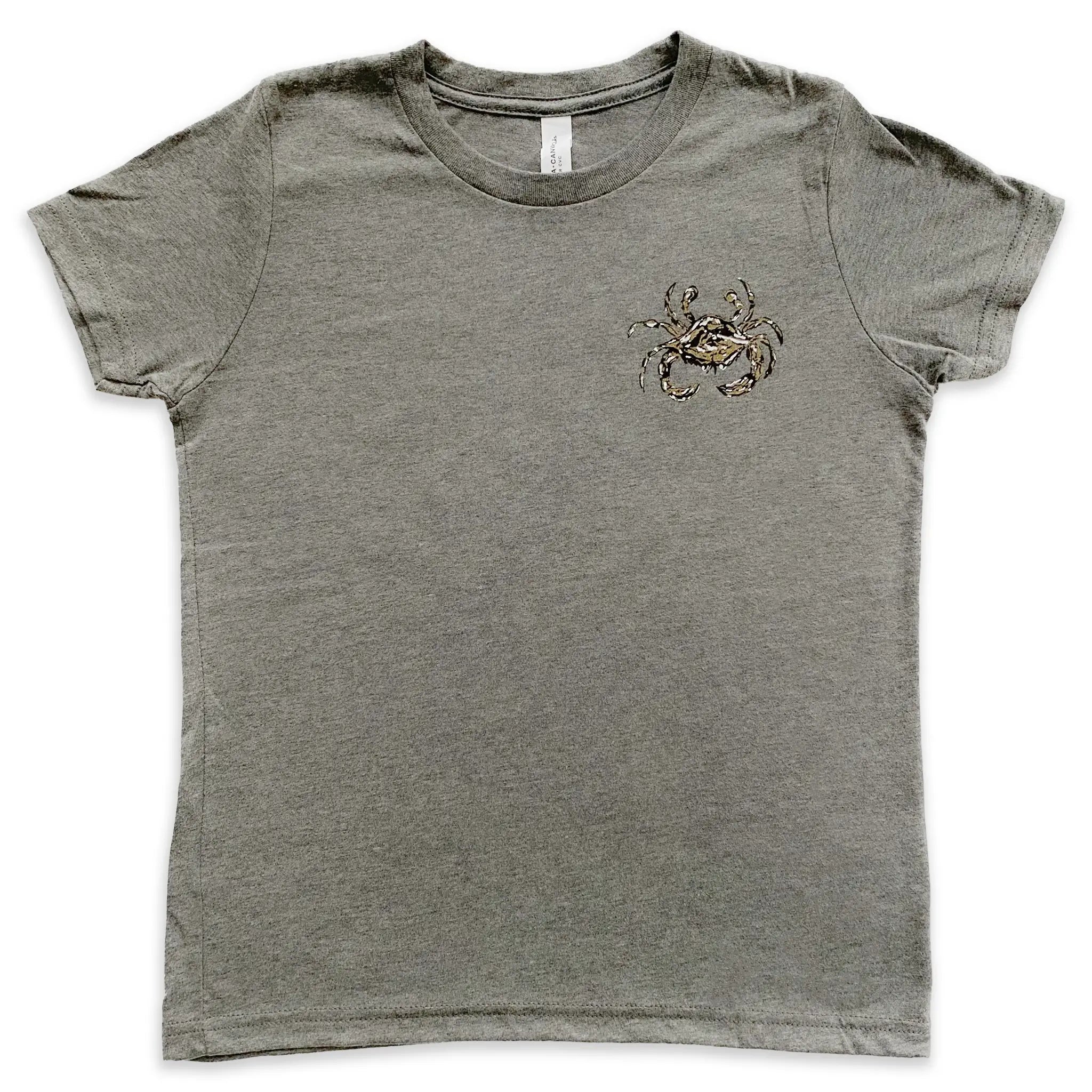 Gray t-shirt with a black and gold crab design on the front left chest