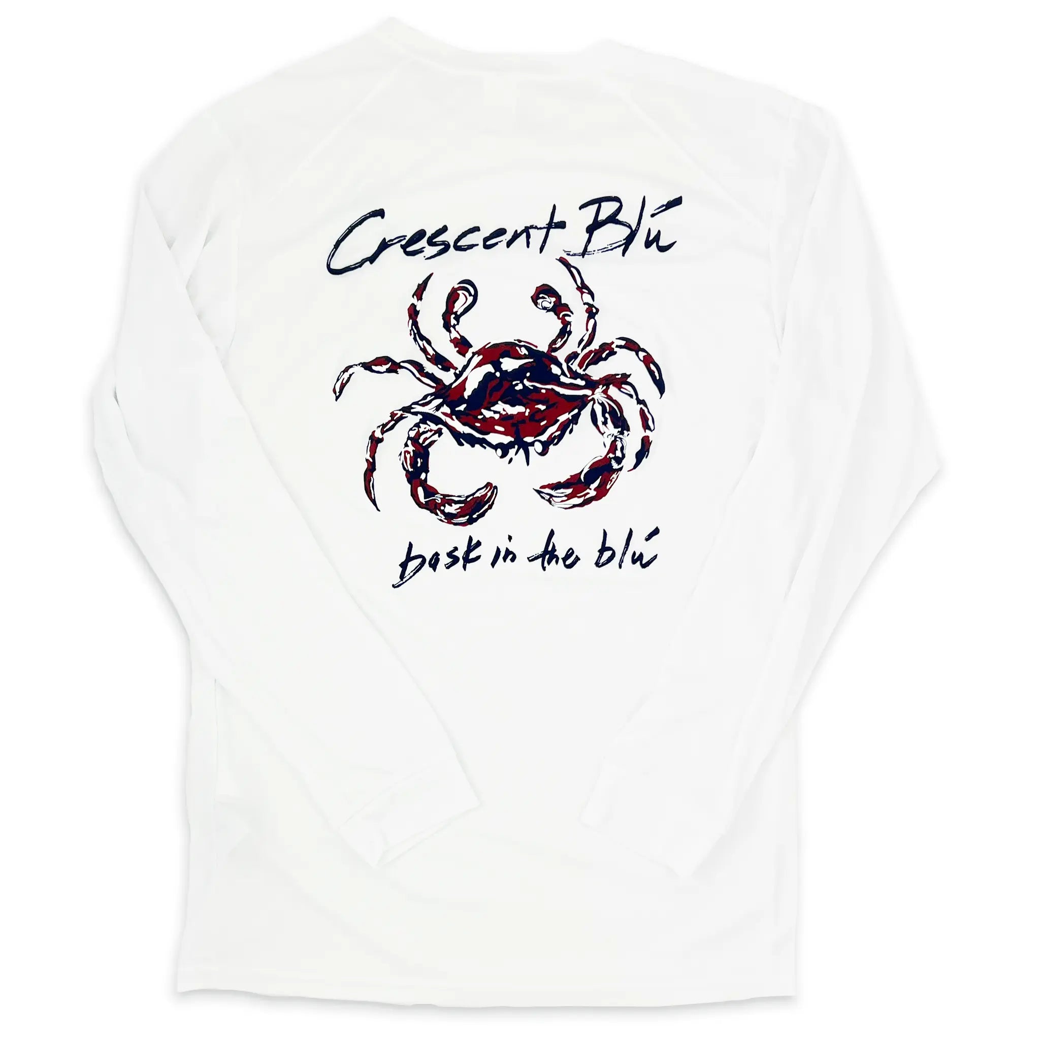 View of the back of a UPF 50 white Sun Shirt with large Crescent Blu Comson and Navy Crab log and Bask in the Blu written underneath