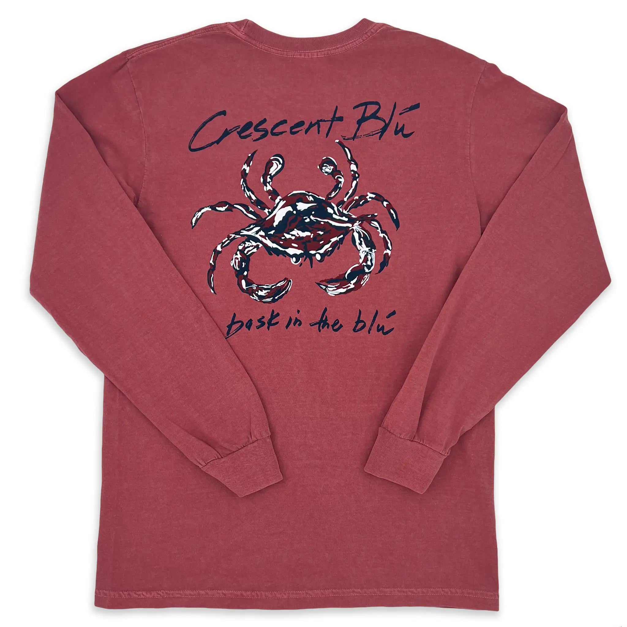 Back view of Crimson and Navy Crescent Blu logo on Crimson long sleeve Tee
