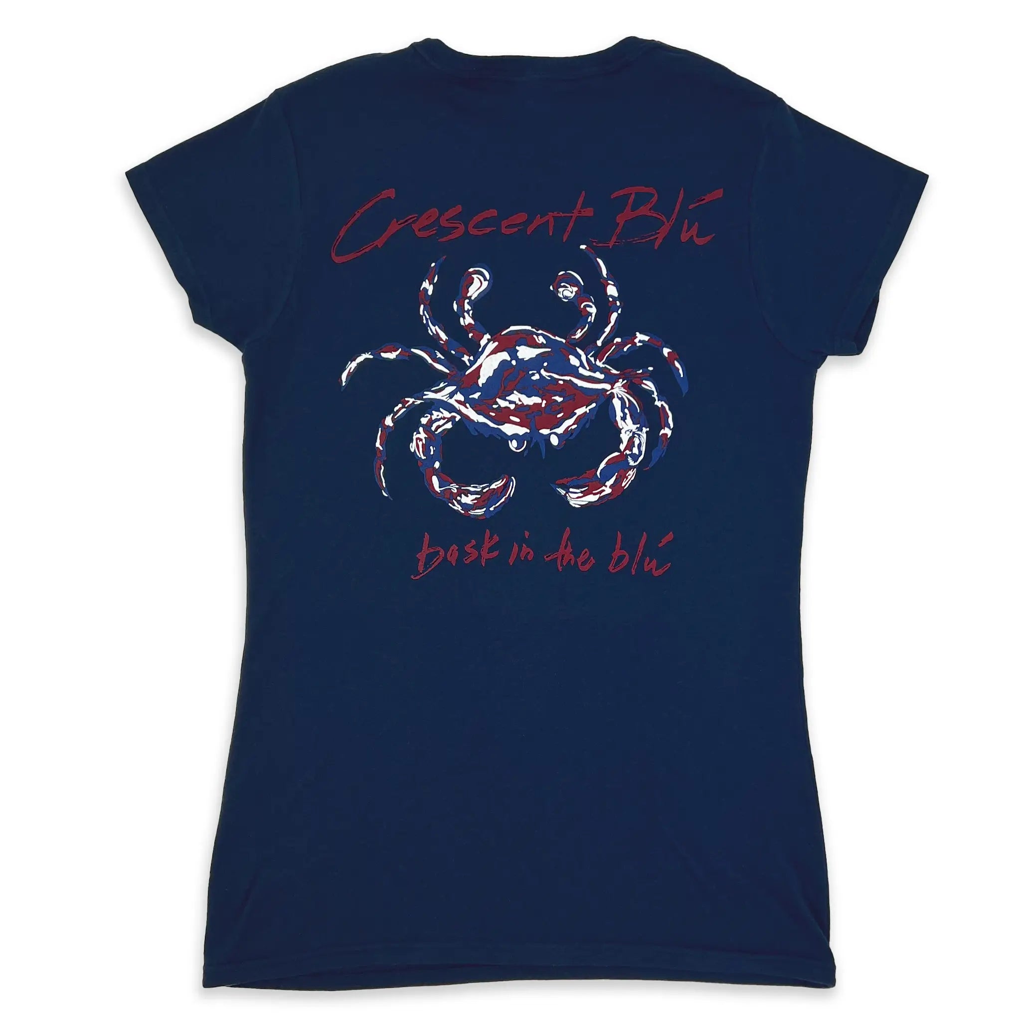 View of the back of women's short sleeve crew neck T-shirt in navy color with Crimson and Navy crab logo displayed