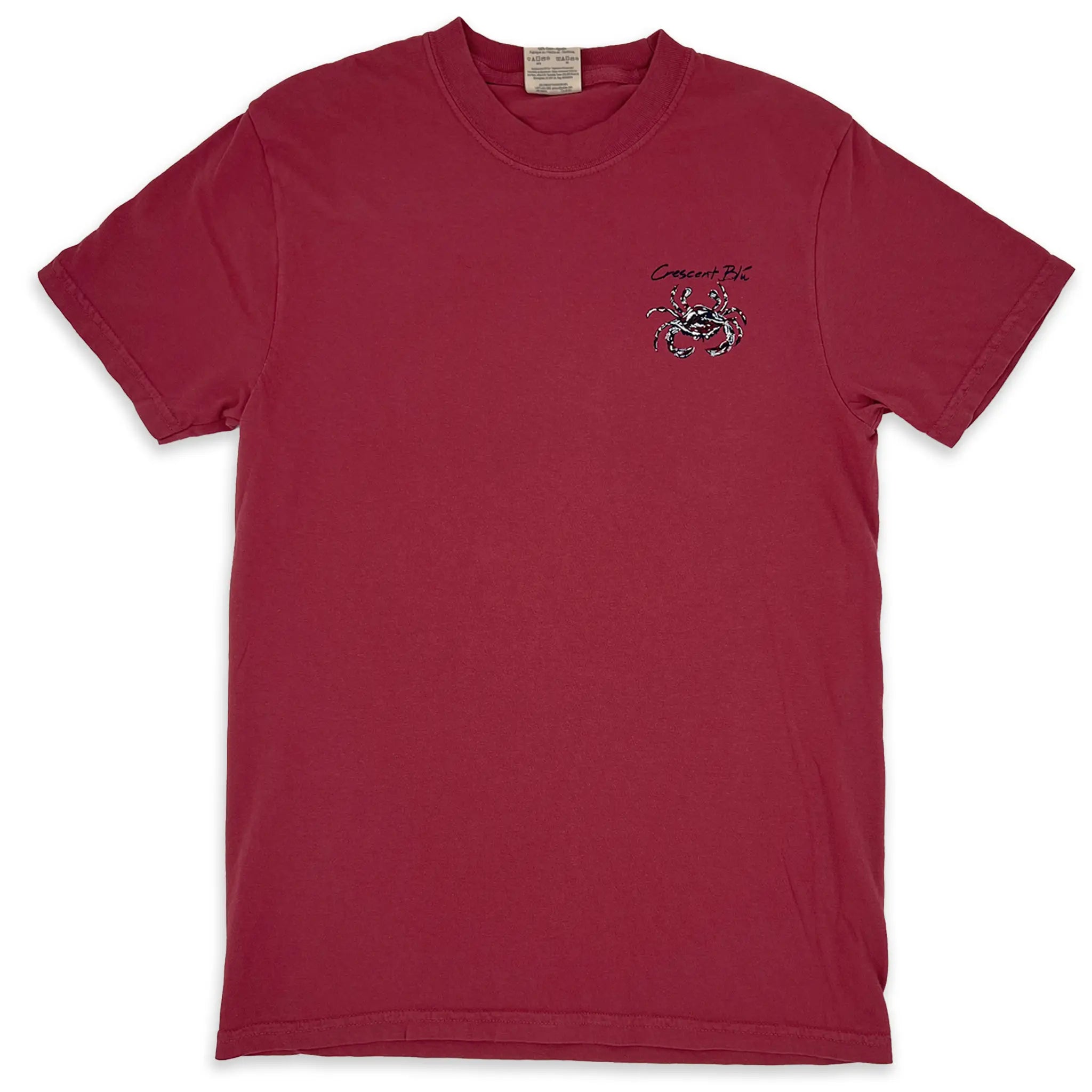 The front of a Chili red short sleeve t-shirt with a crab on the left chest and the words, "Crescent Blú" above it.