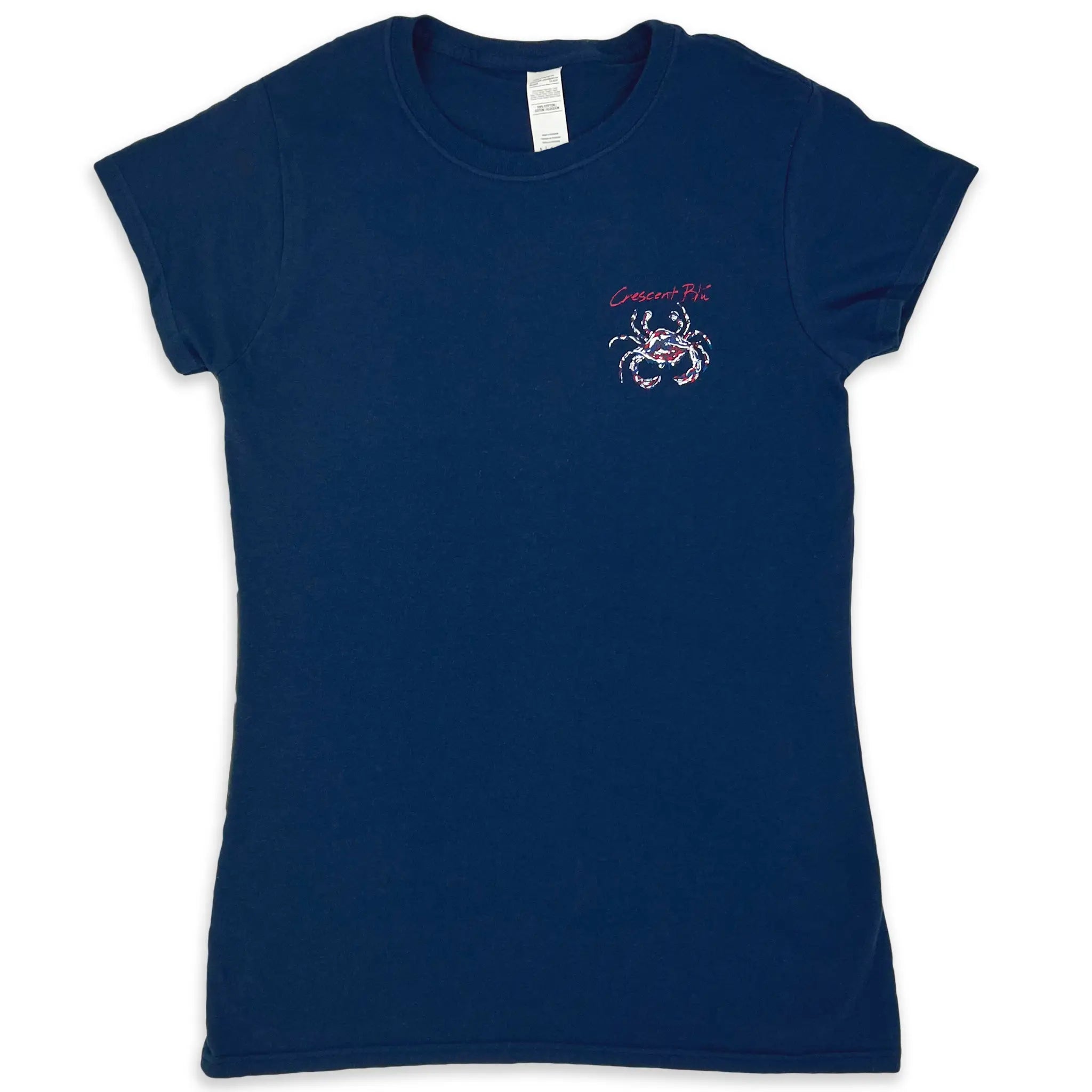 Front view of crew neck women's navy colored short sleeve shirt with small Crescent Blu Crimson and Navy logo