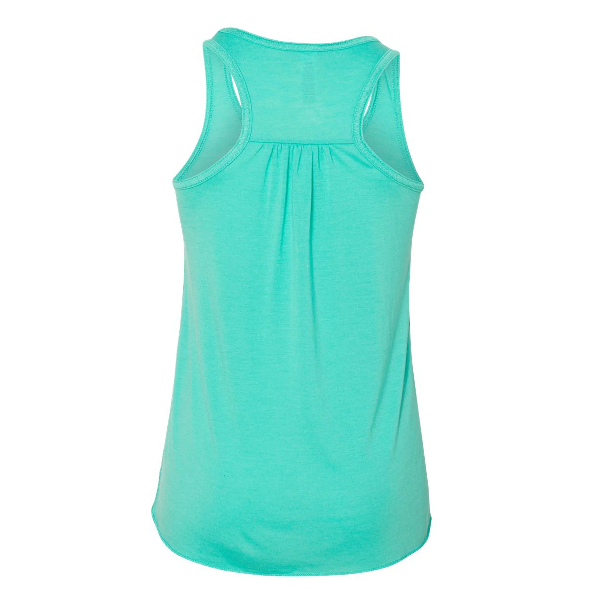 The back of a girls gathered racerback tank top in teal.