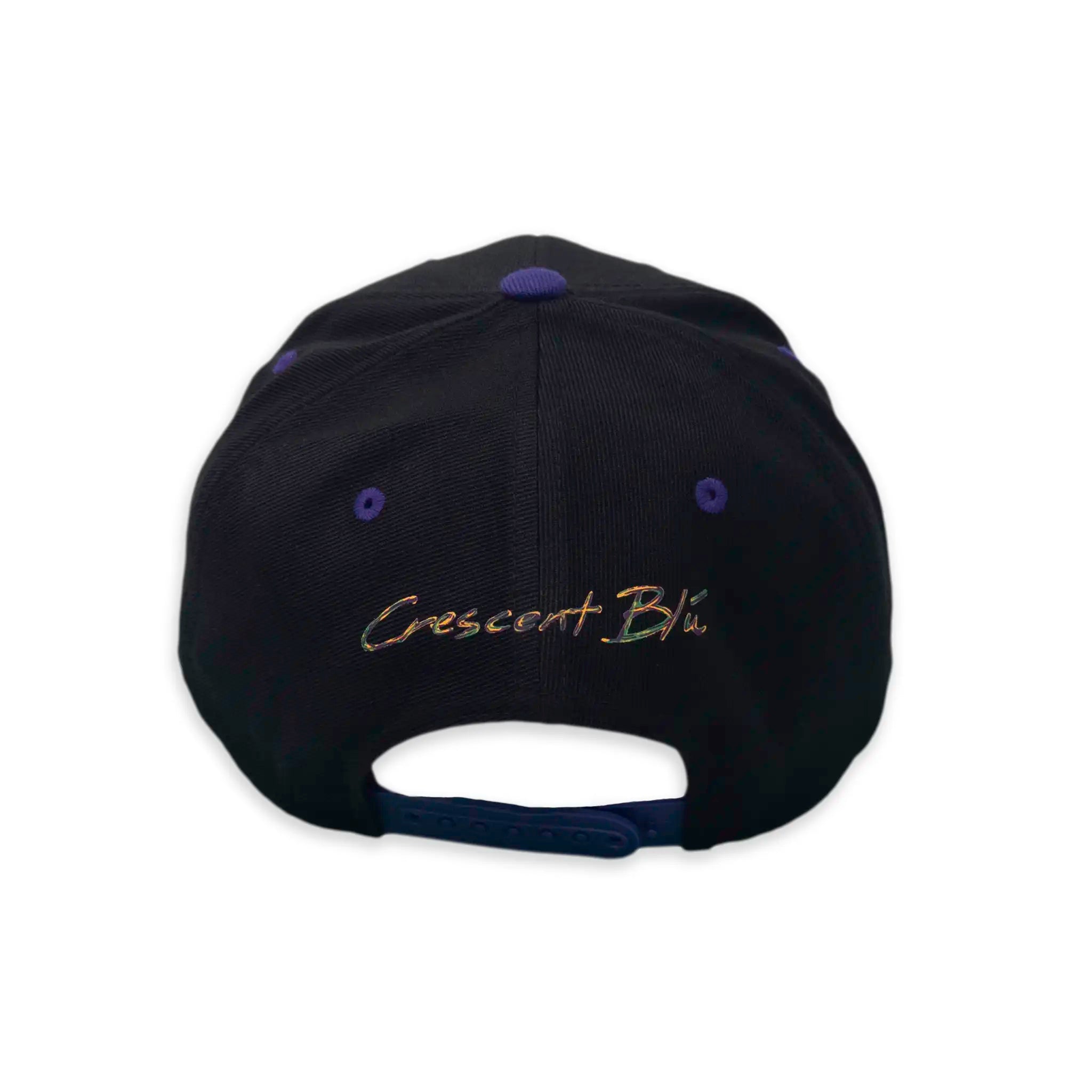 Back view of black Mardi Gras flat bill hat with purple snapback and Crescent Blú logo