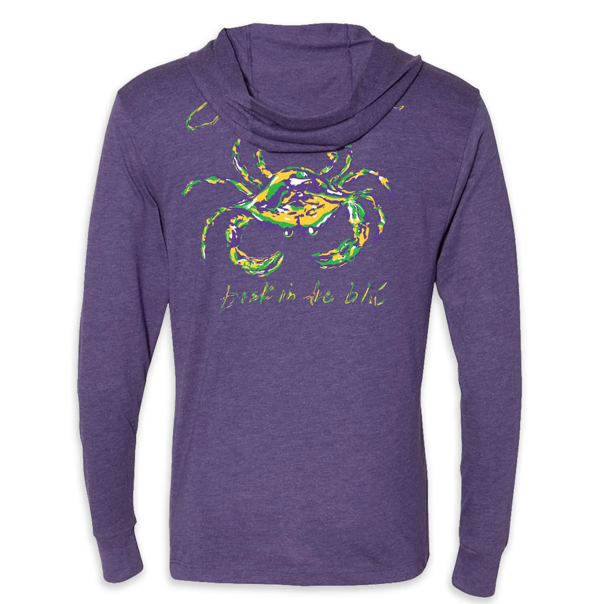 Back view of a purple Mardi Gras hoodie t-shirt featuring the large Signature Crab design