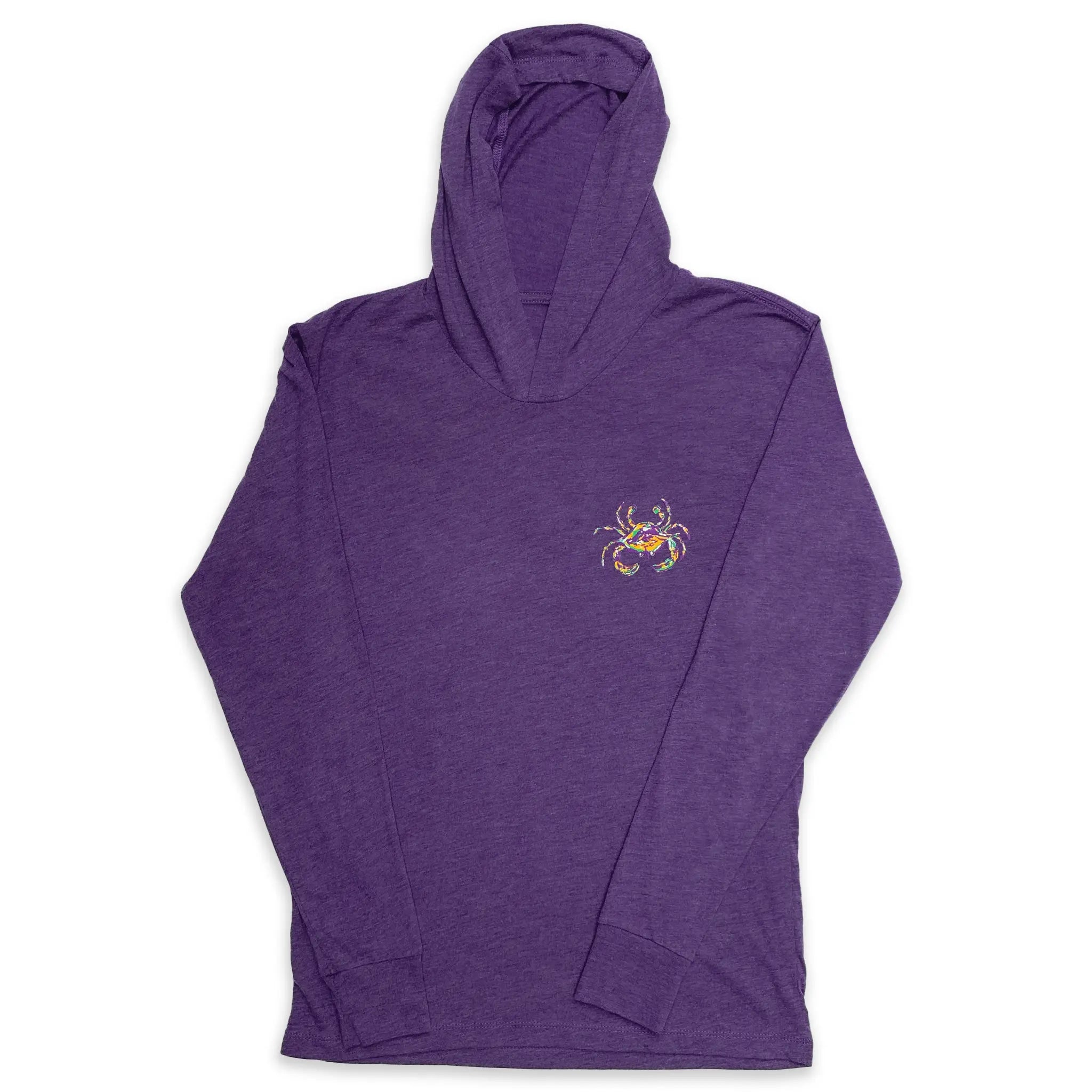 Green long sleeve Mardi Gras hoodie t-shirt with a front chest crab logo and drawstring hood