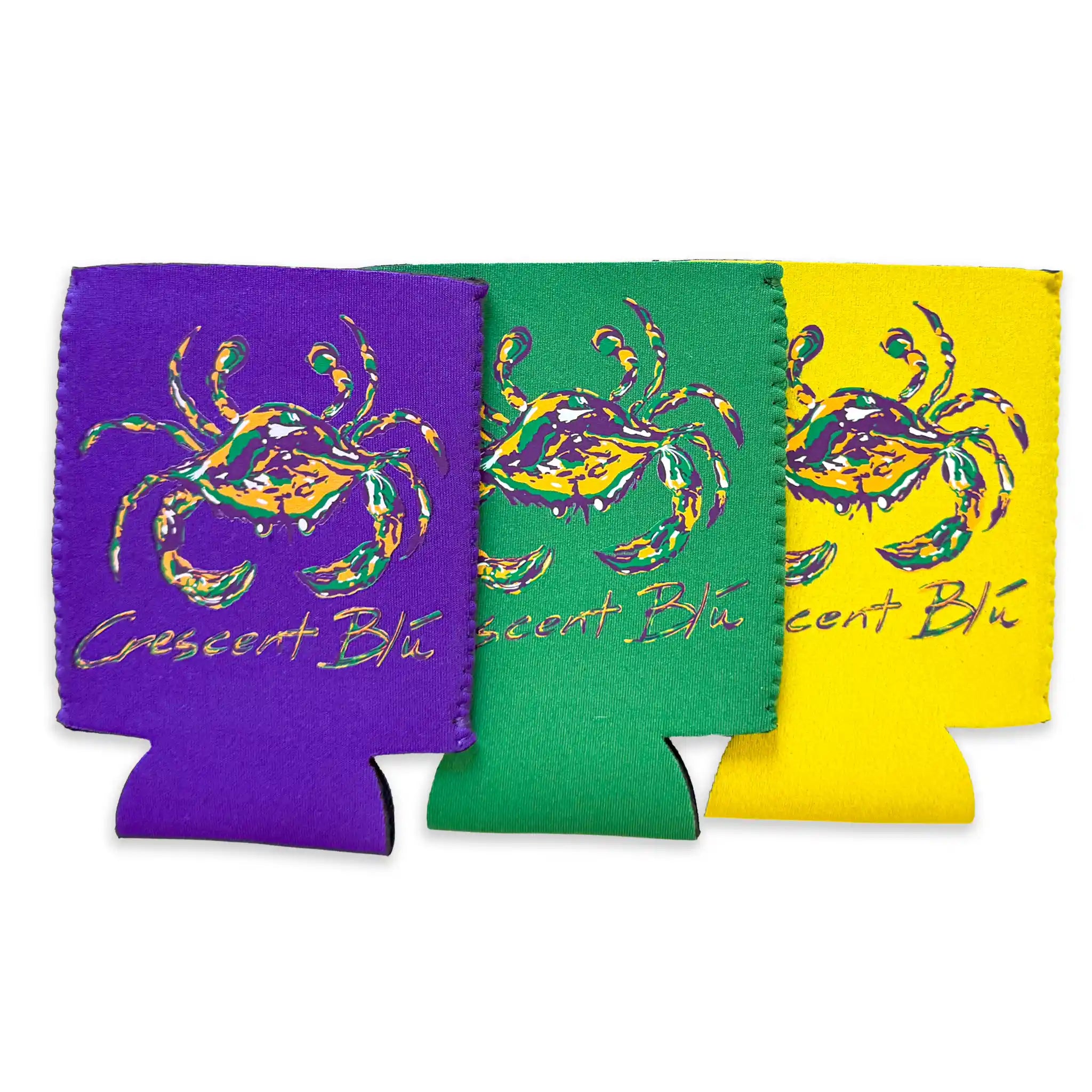 3-Pack of Mardi Gras Crab Can Coolers – All colors shown with Crescent Blú Mardi Gras Crab.