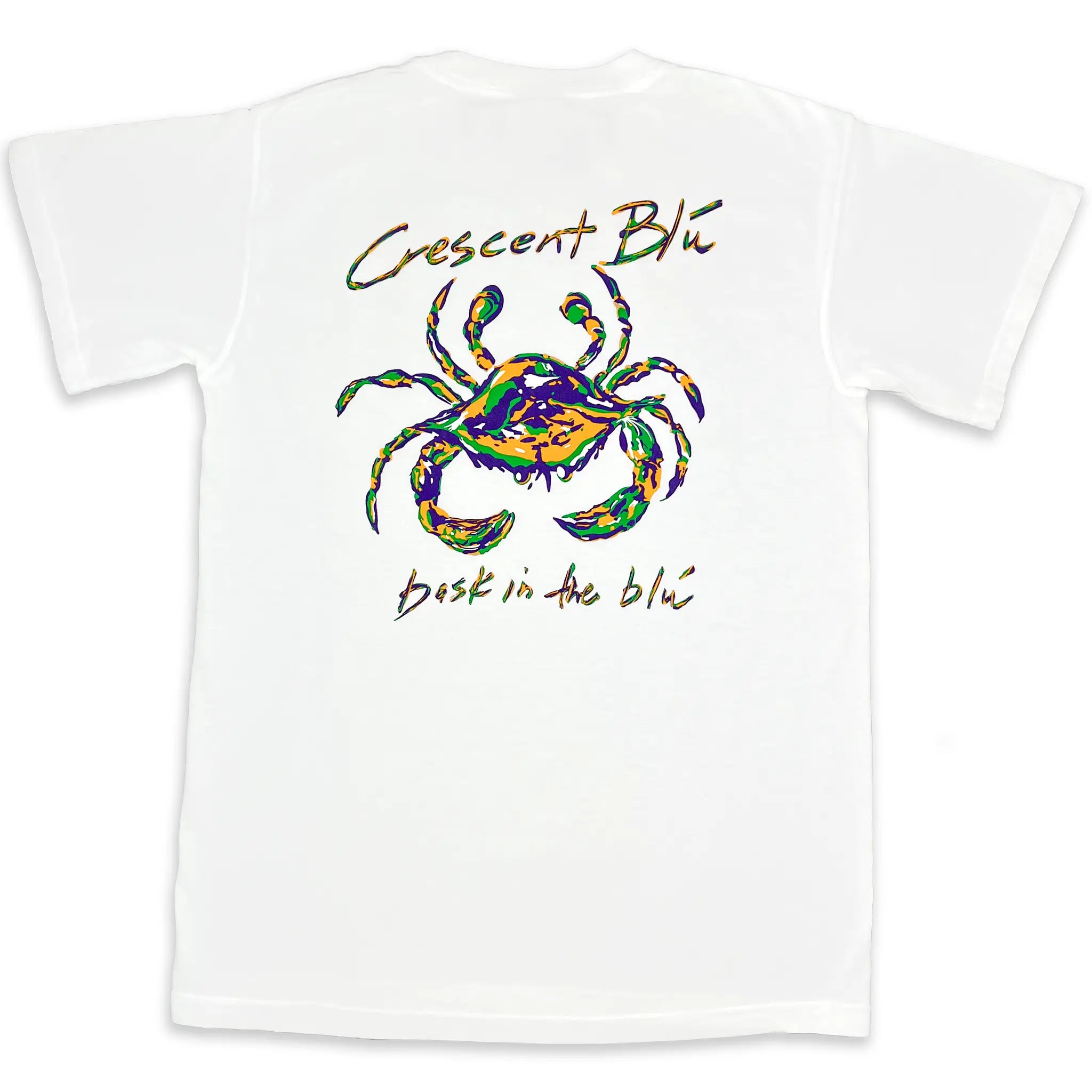 White short sleeve Mardi Gras shirt with a Mardi Gras colored crab on the back.