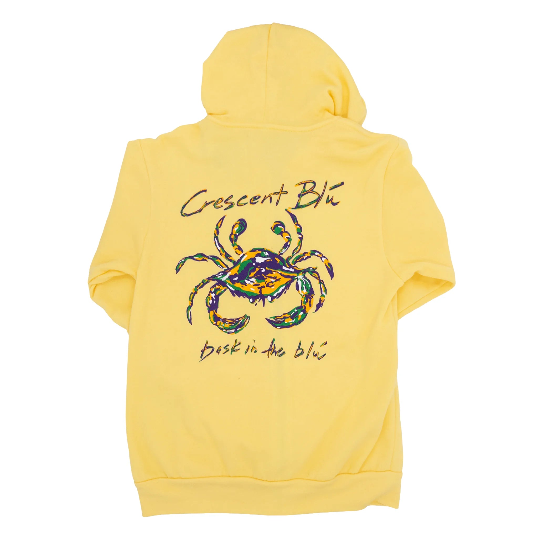 Yellow hoodie with a Crescent Blu Mardi Gras crab and 'Crescent Blu' text on the back, on a white background.
