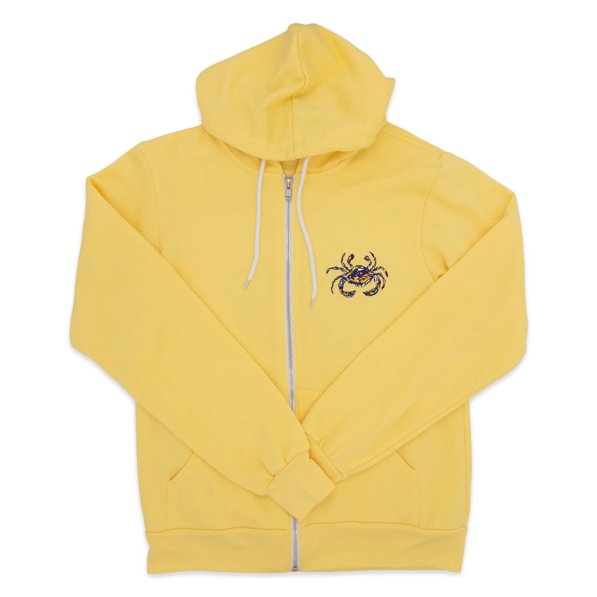 Yellow zipper hoodie with a Mardi Gras crab emblem on athe left chest.