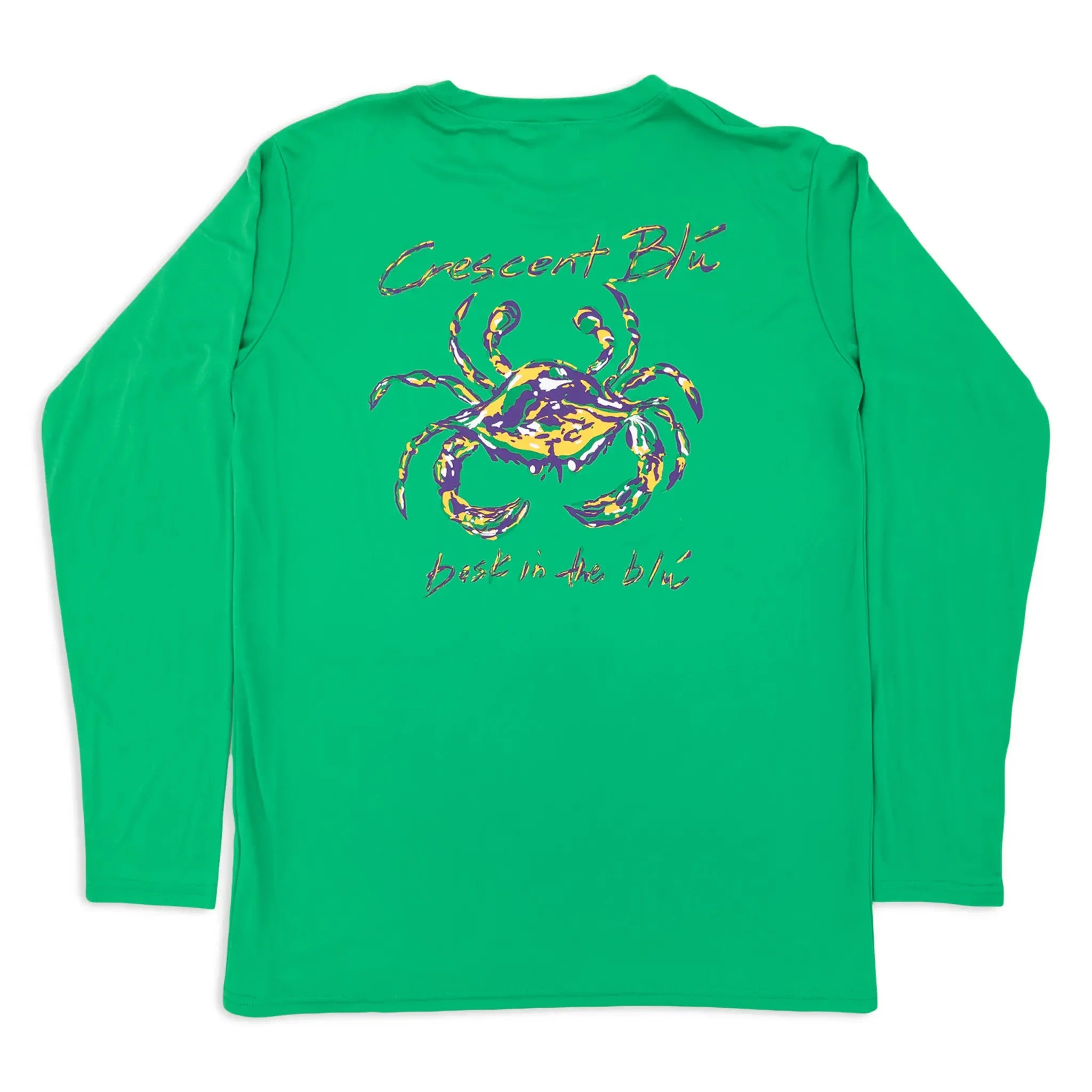 Green long-sleeve shirt with a colorful Mardi Gras crab design and text on the back, on a white background.
