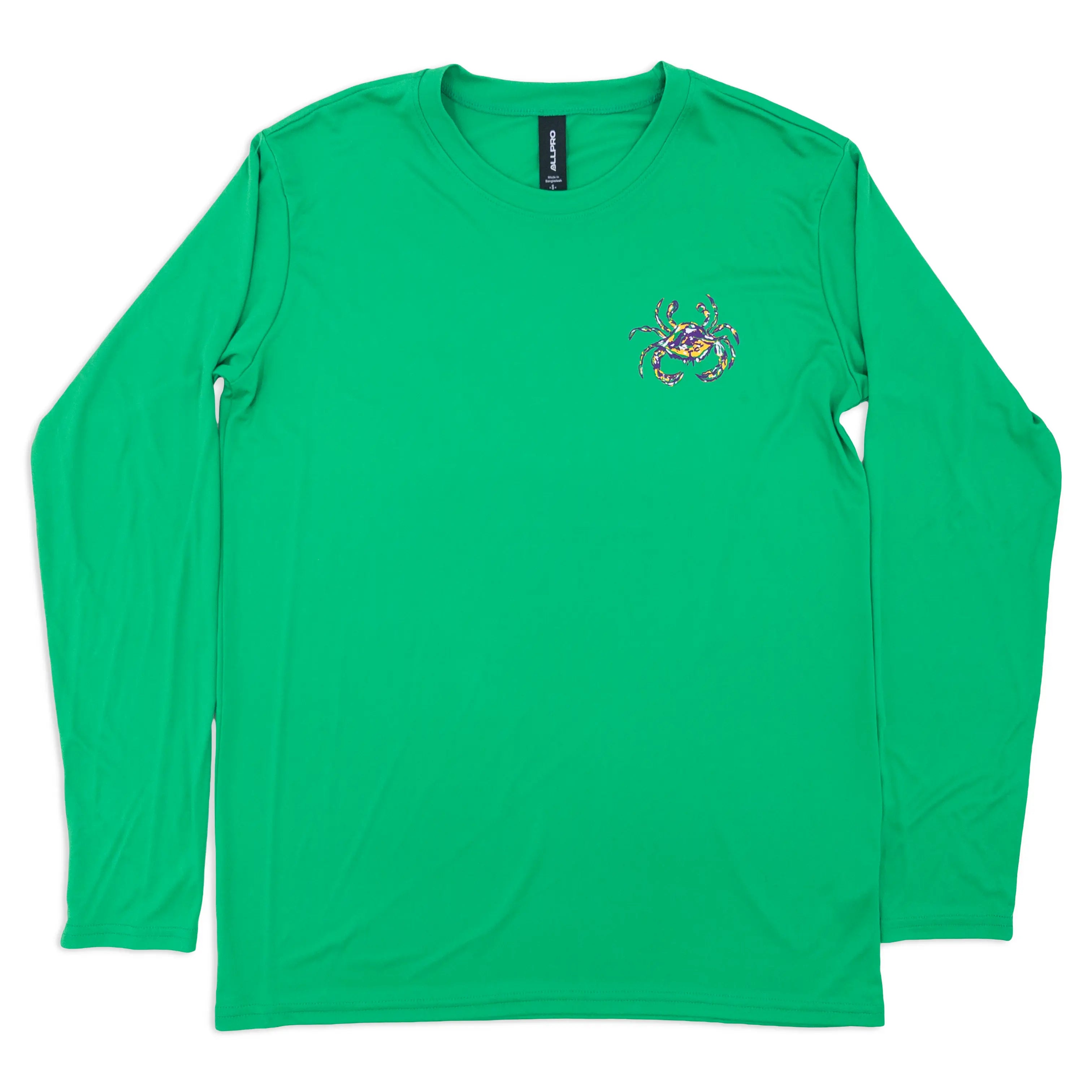 Green long-sleeve shirt with a small Mardi Gras Crab logo on the chest.