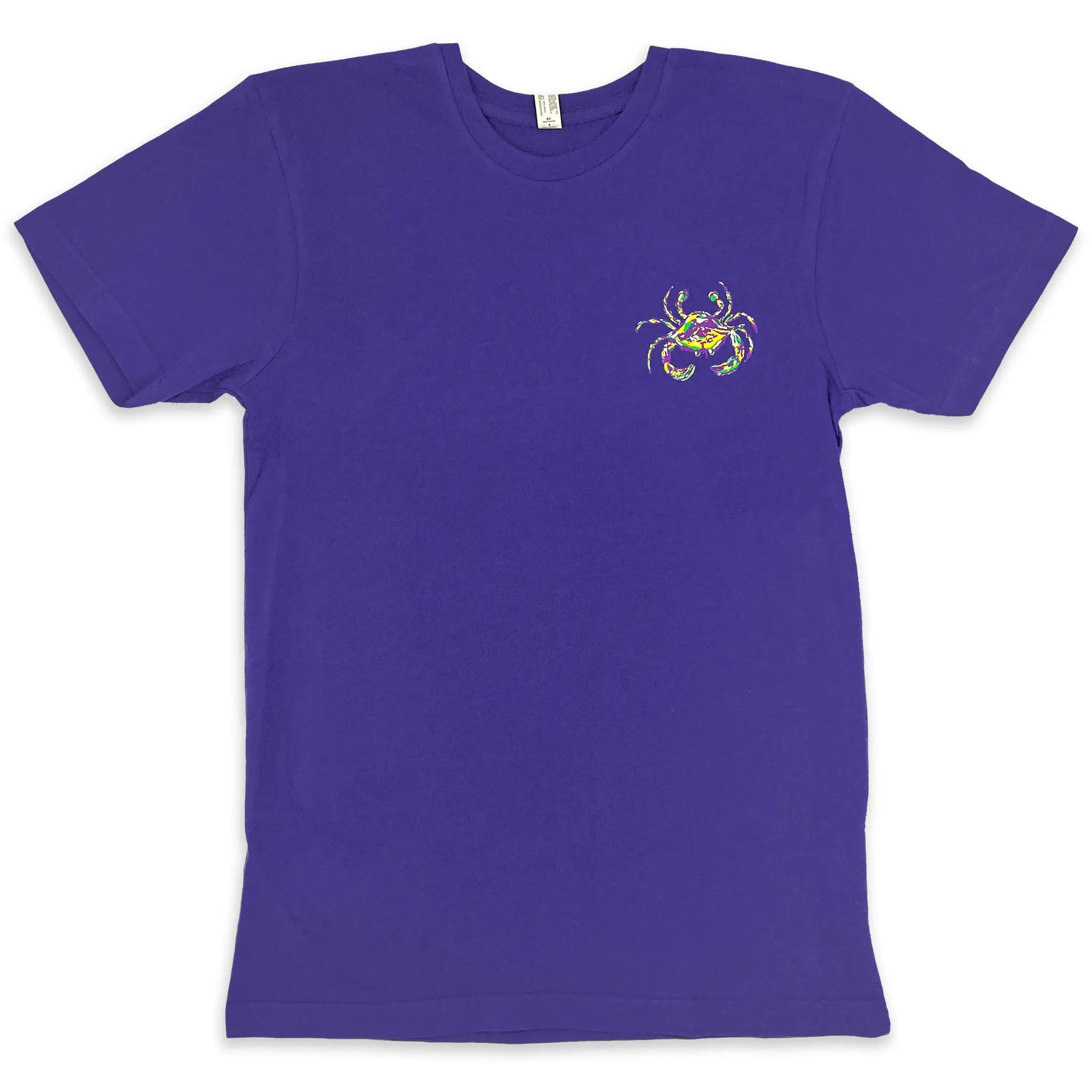 A short sleeve purple Mardi Gras shirt with a Mardi Gras crab on the front.