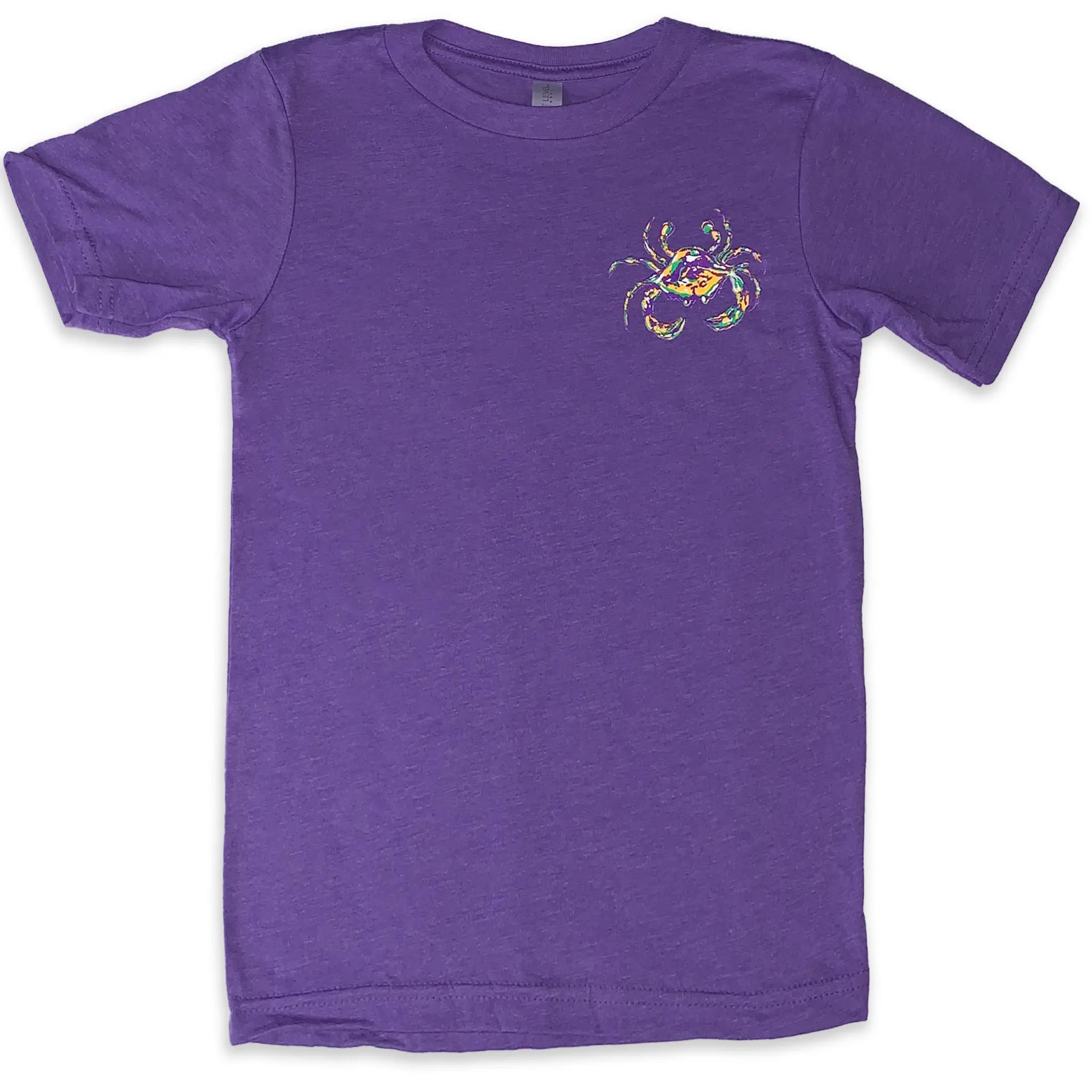 Purple Rush Mardi Gras shirt with short sleeves and Crescent Blú’s crab logo on the left chest.