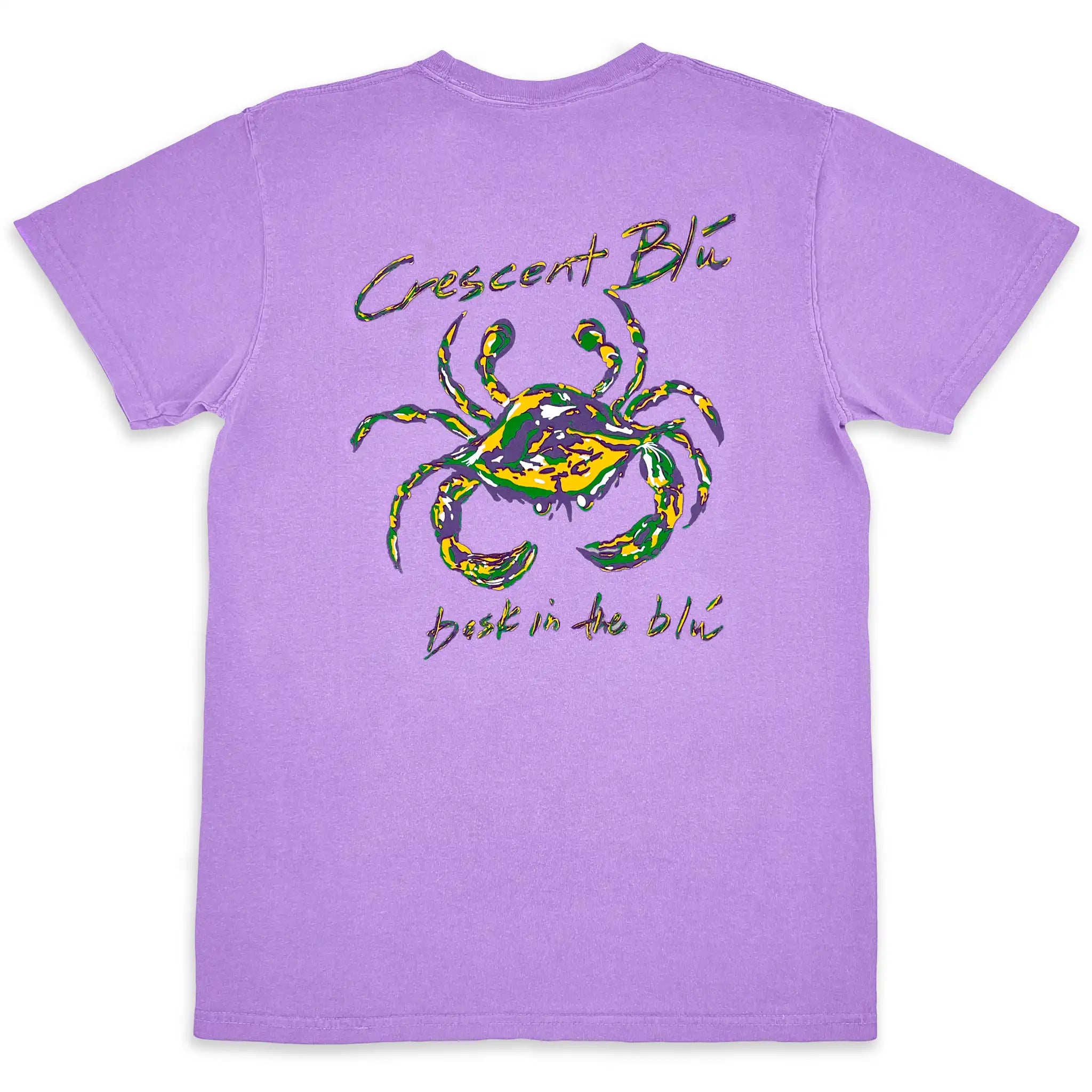 A violet Mardi Gras t-shirt with a purple, green, and gold crab on the back.