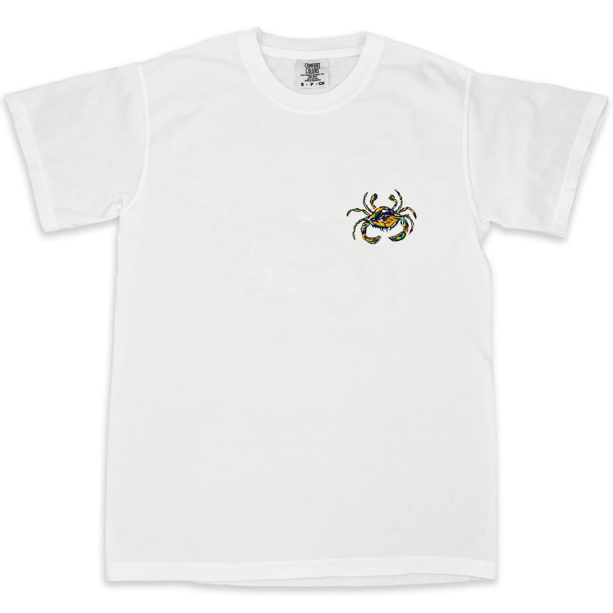 White t-shirt with a purple, green, and gold Mardi Gras Crab logo on the left chest.