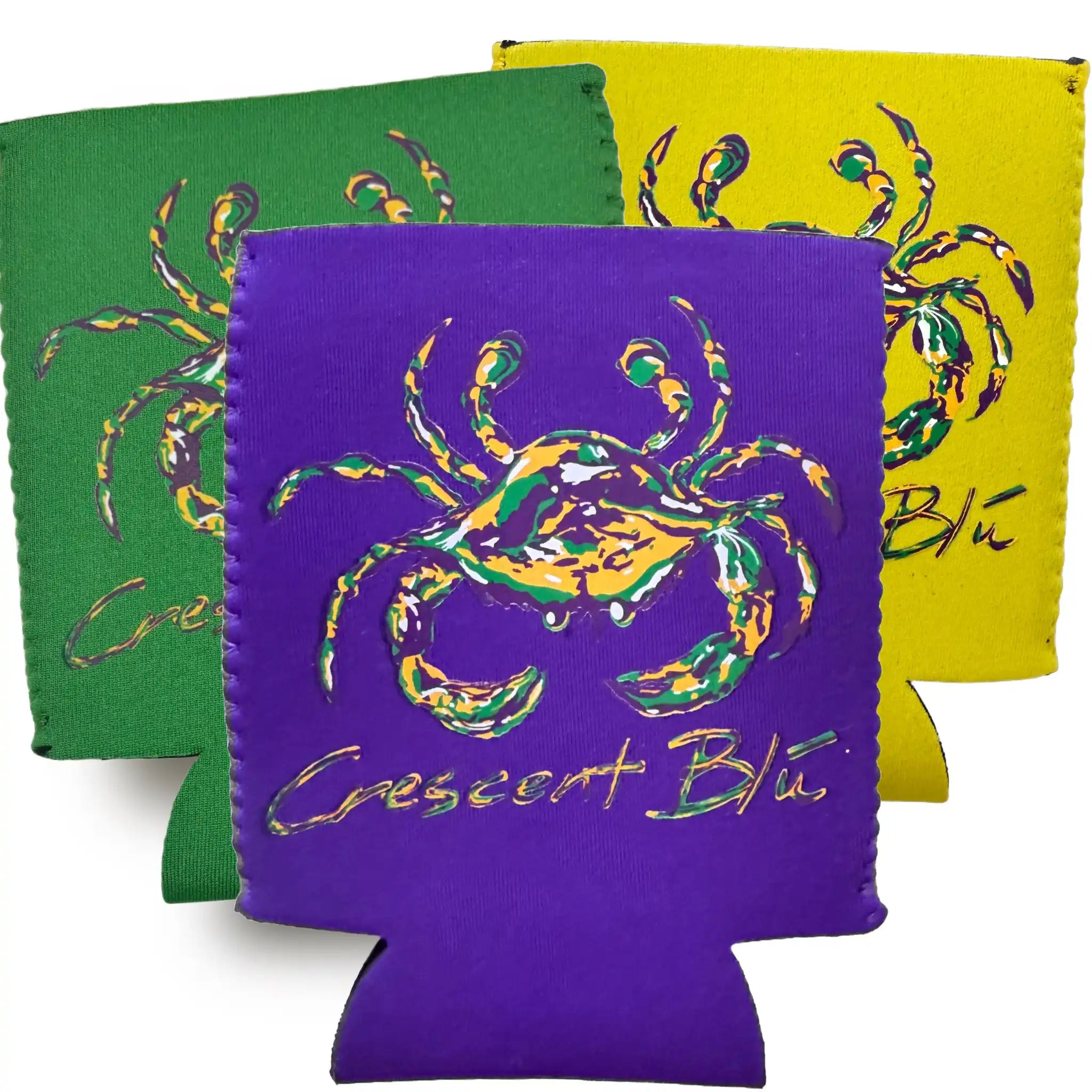Set of three Mardi Gras Can Coolers – Green, purple, and yellow with crab design