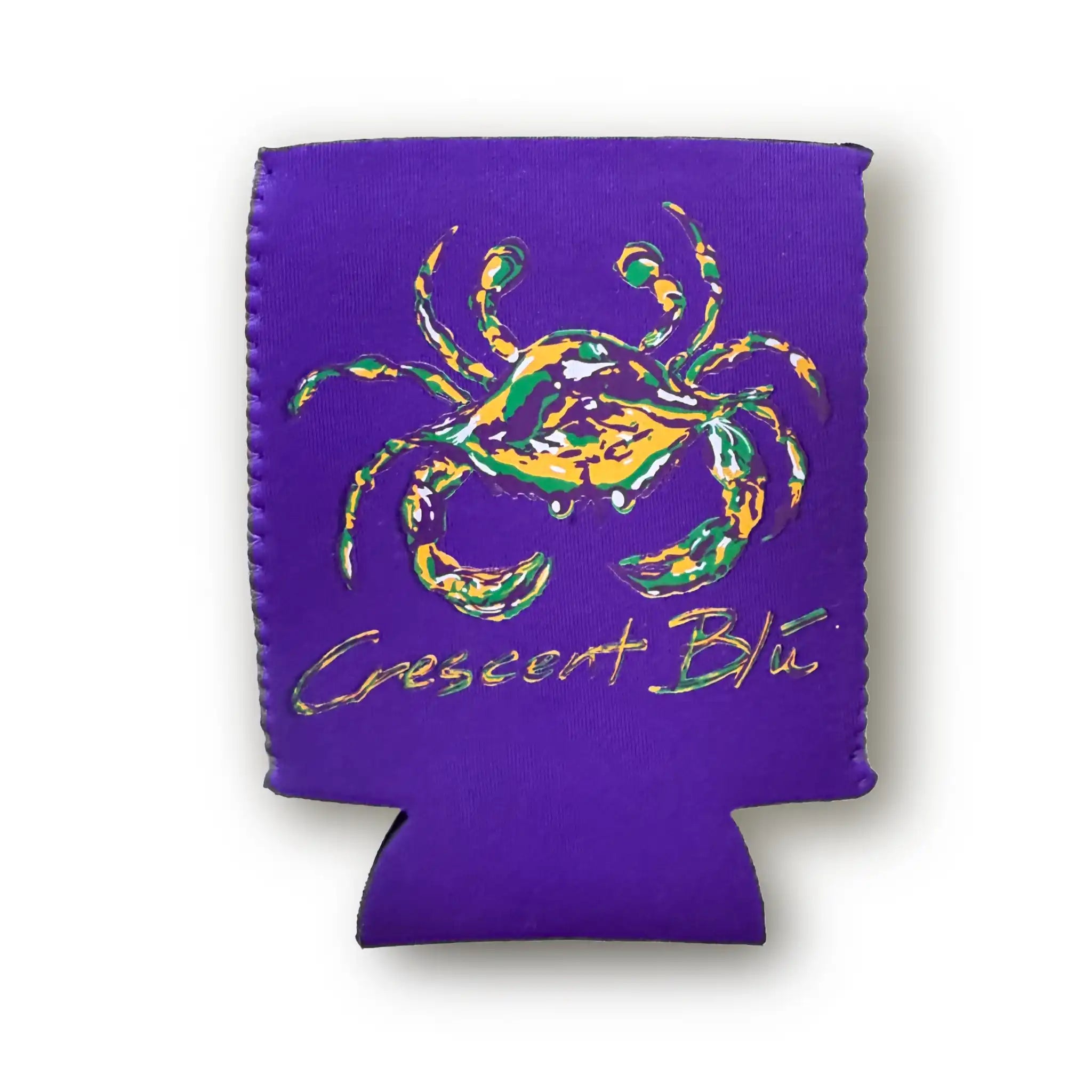 Mardi Gras Crab Can Cooler – Purple neoprene koozie flat lay with crab design