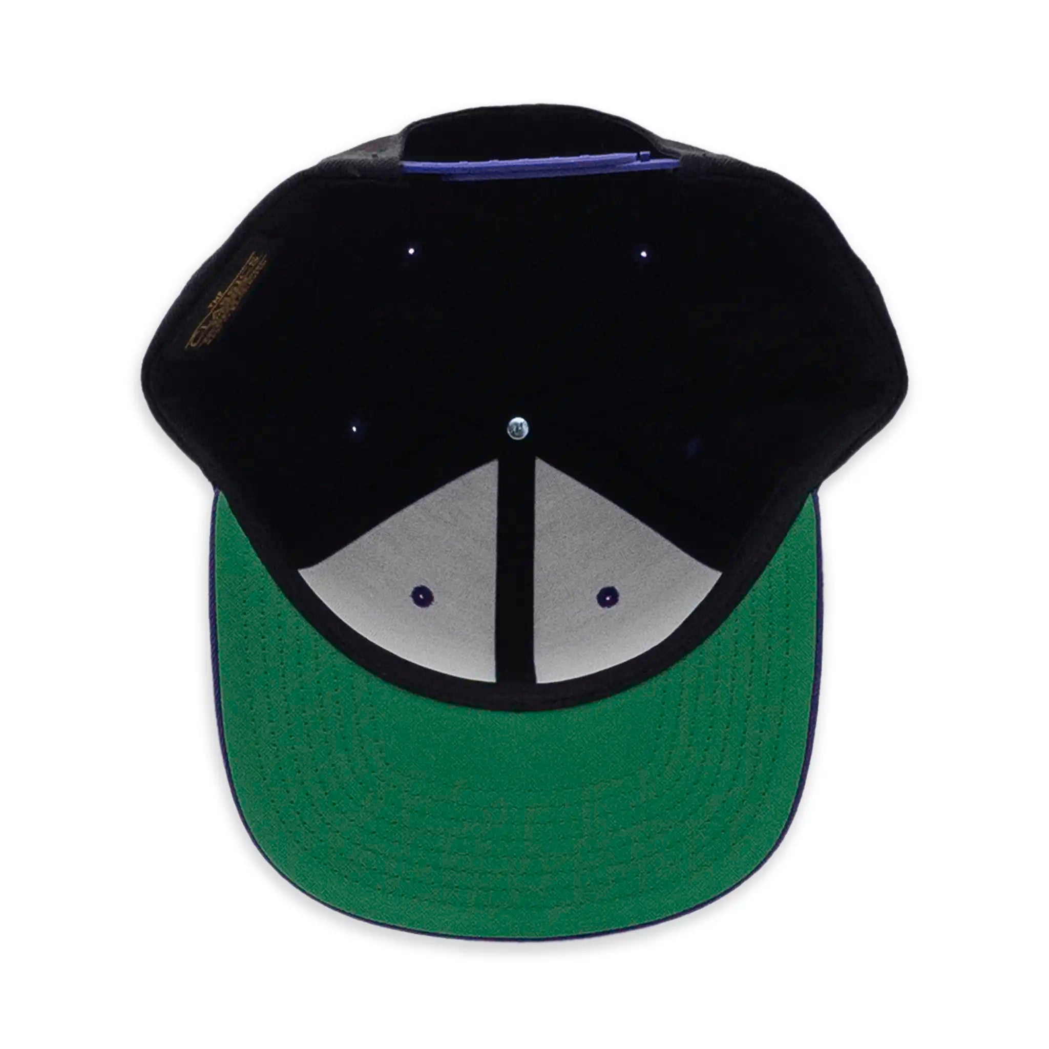 Underside of Mardi Gras snapback hat showing green undervisor and six-panel construction