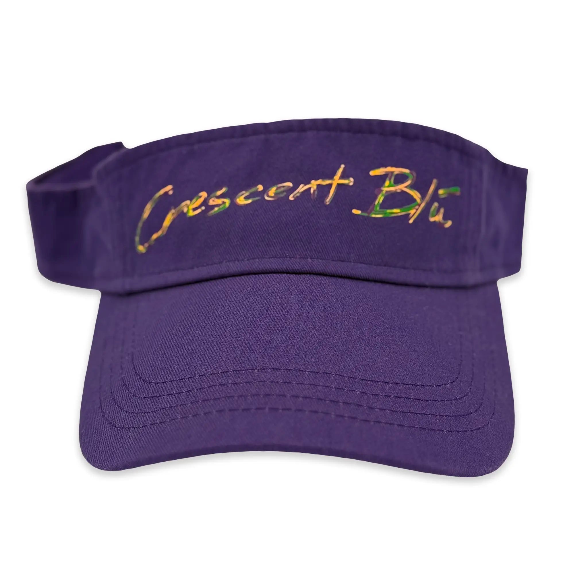 Front view of a Crescent Blu purple Mardi Gras visor with a multicolor logo.