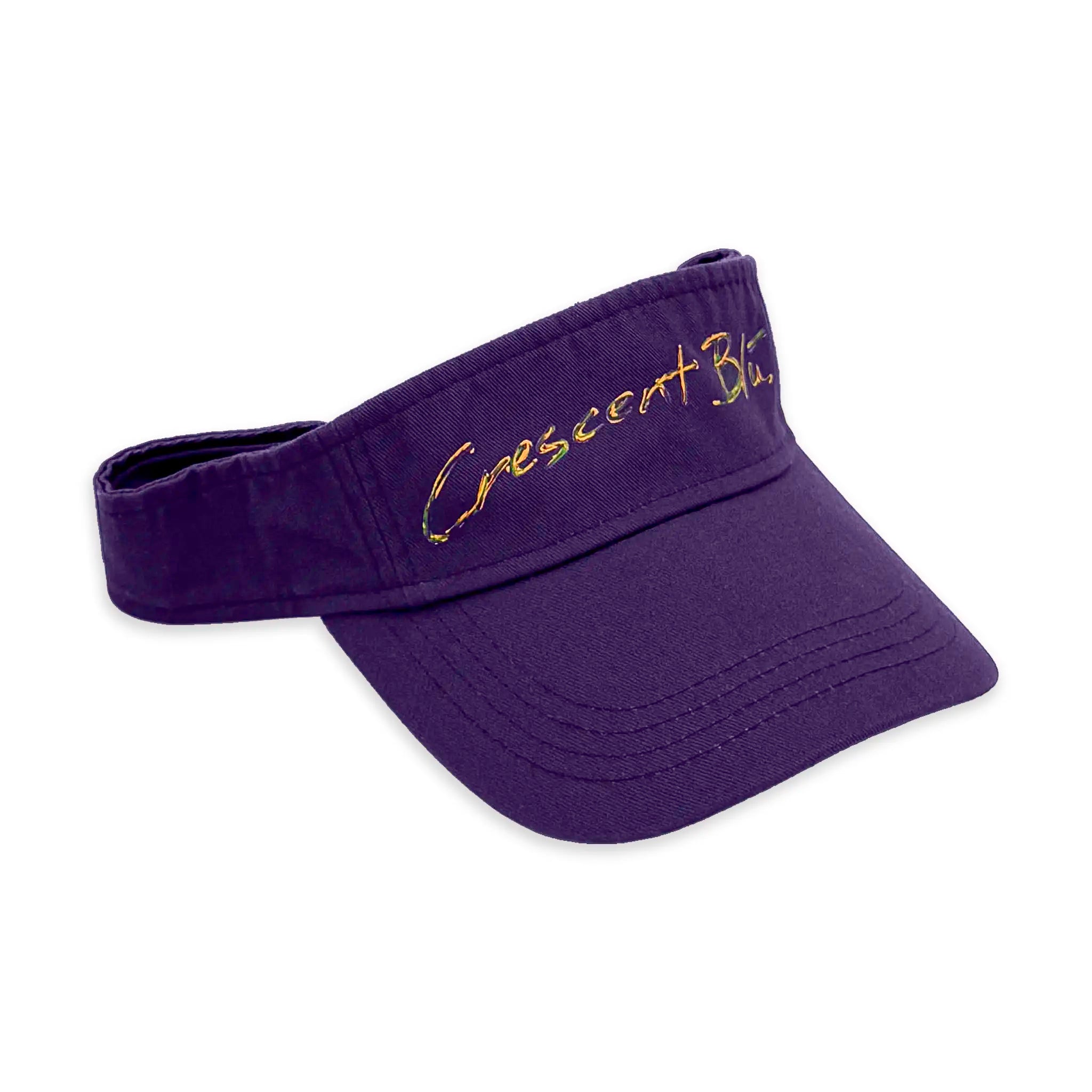 Side angle of Crescent Blu Mardi Gras purple visor with a curved bill.