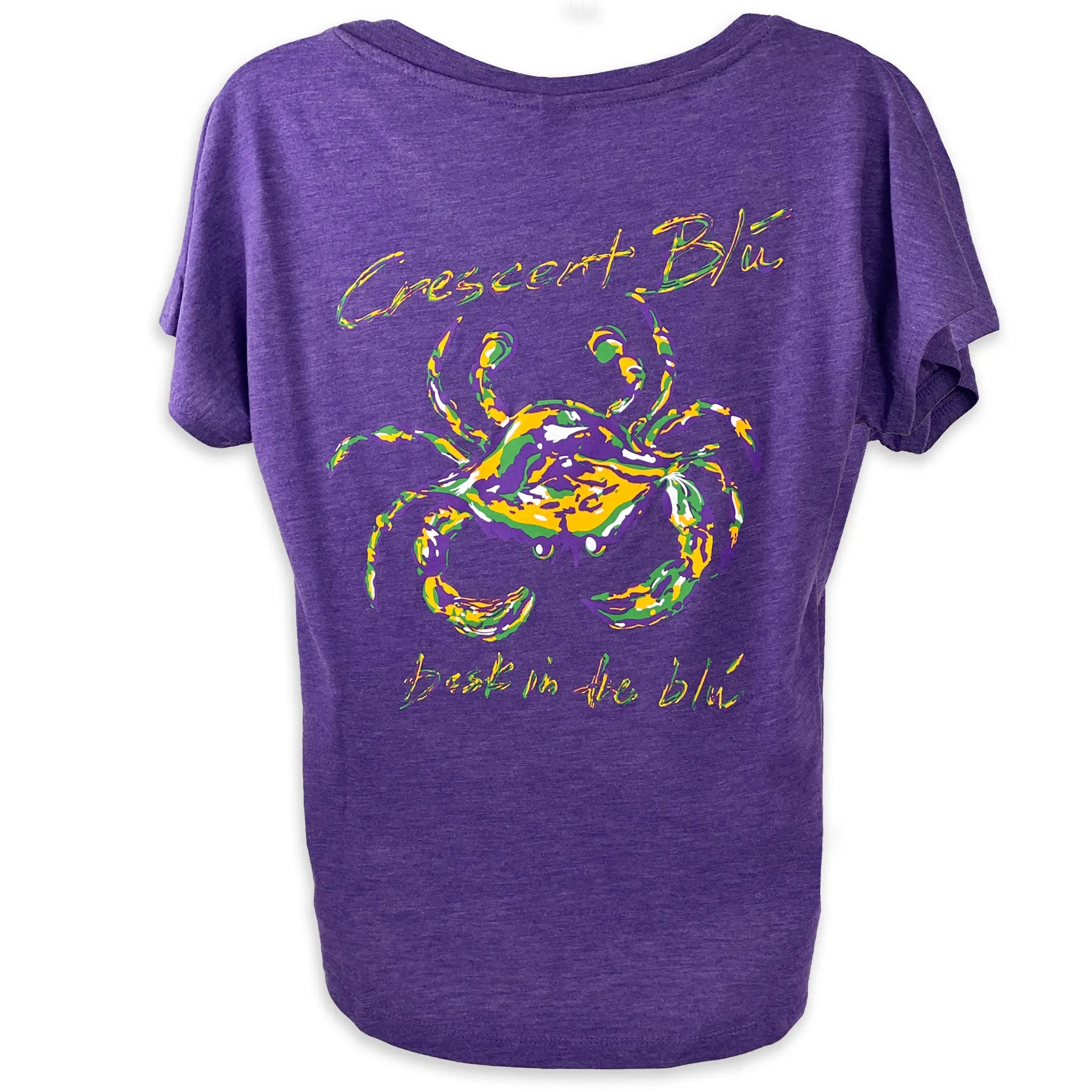 The back of the women's flowy Mardi Gras t-shirt with a dolman sleeve and a Crescent Blu Mardi Gras Crab on the back.