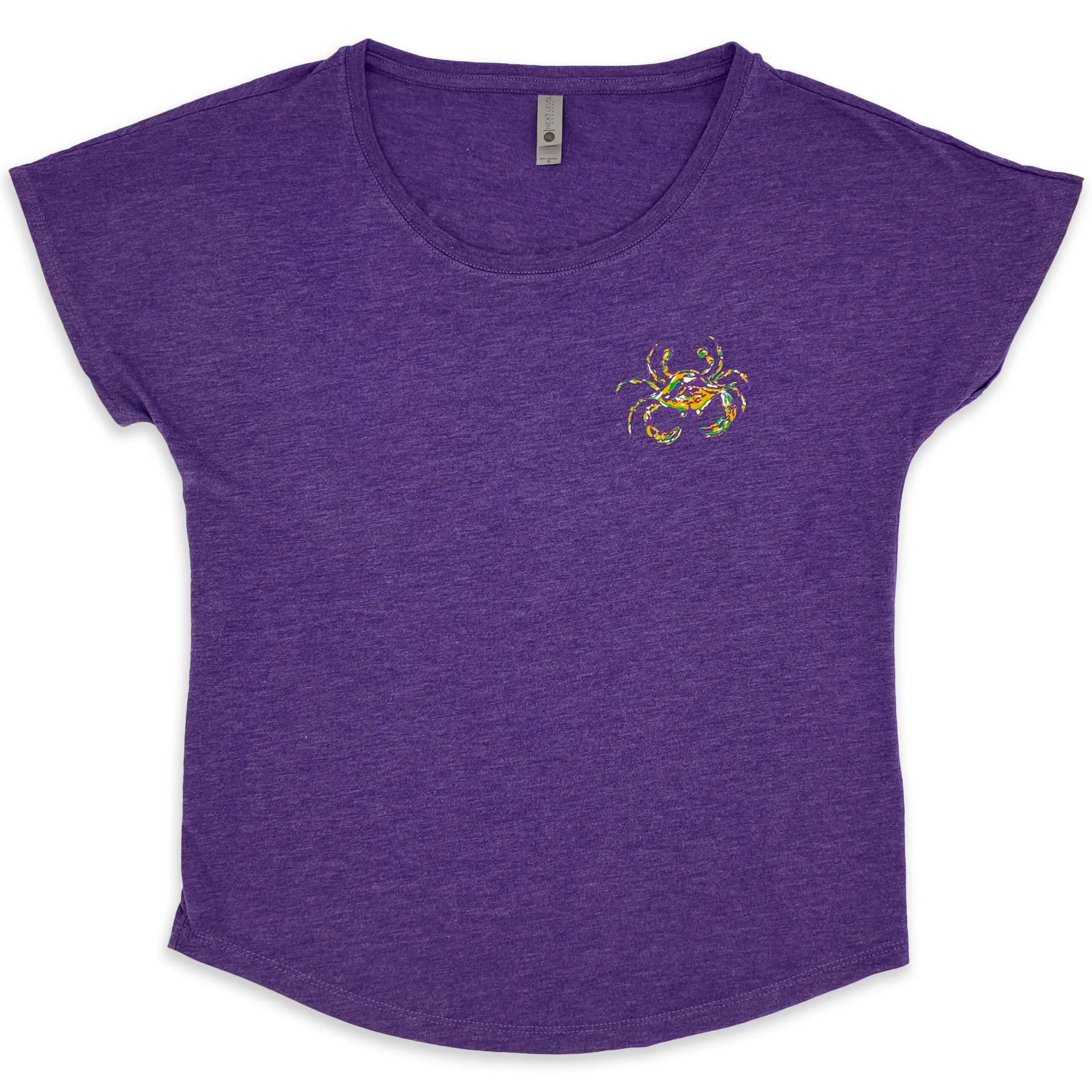 The front of a purple rush tri-blend womens Mardi Gras t-shirt with a dolman sleeve, a scoop neck, and a Mardi Gras crab on the left chest.