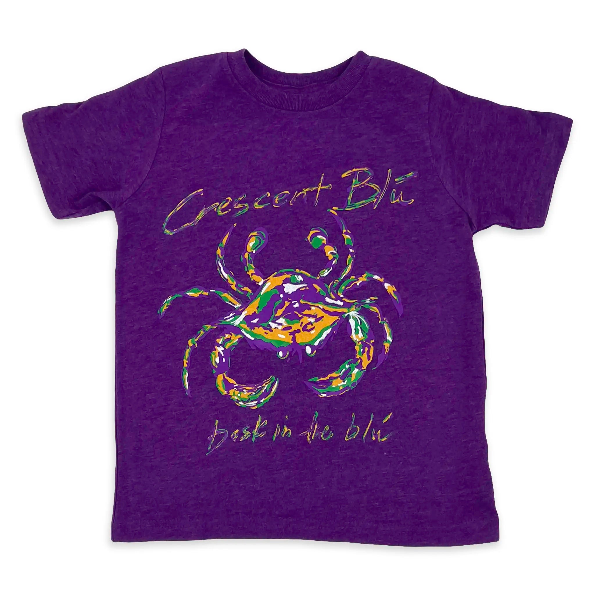 Front of a toddler short sleeve shirt in Vintage Purple with Mardi Gras crab design.