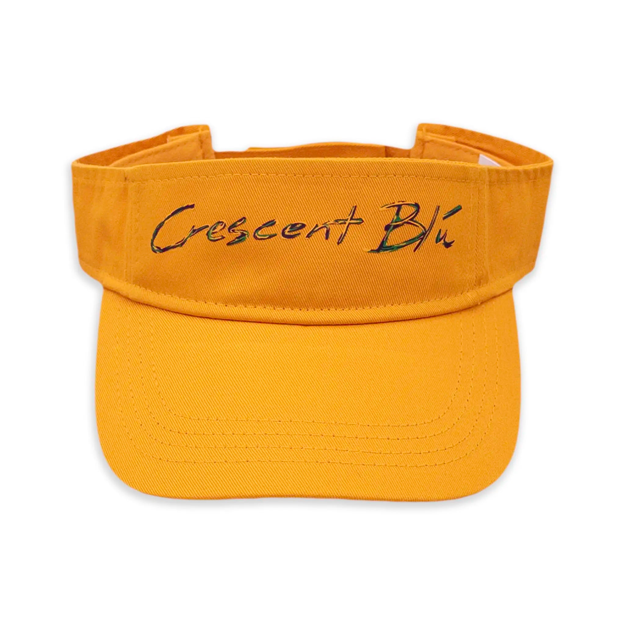 The front of a gold visor with Crescent Blu on the front written in Mardi Gras colors.