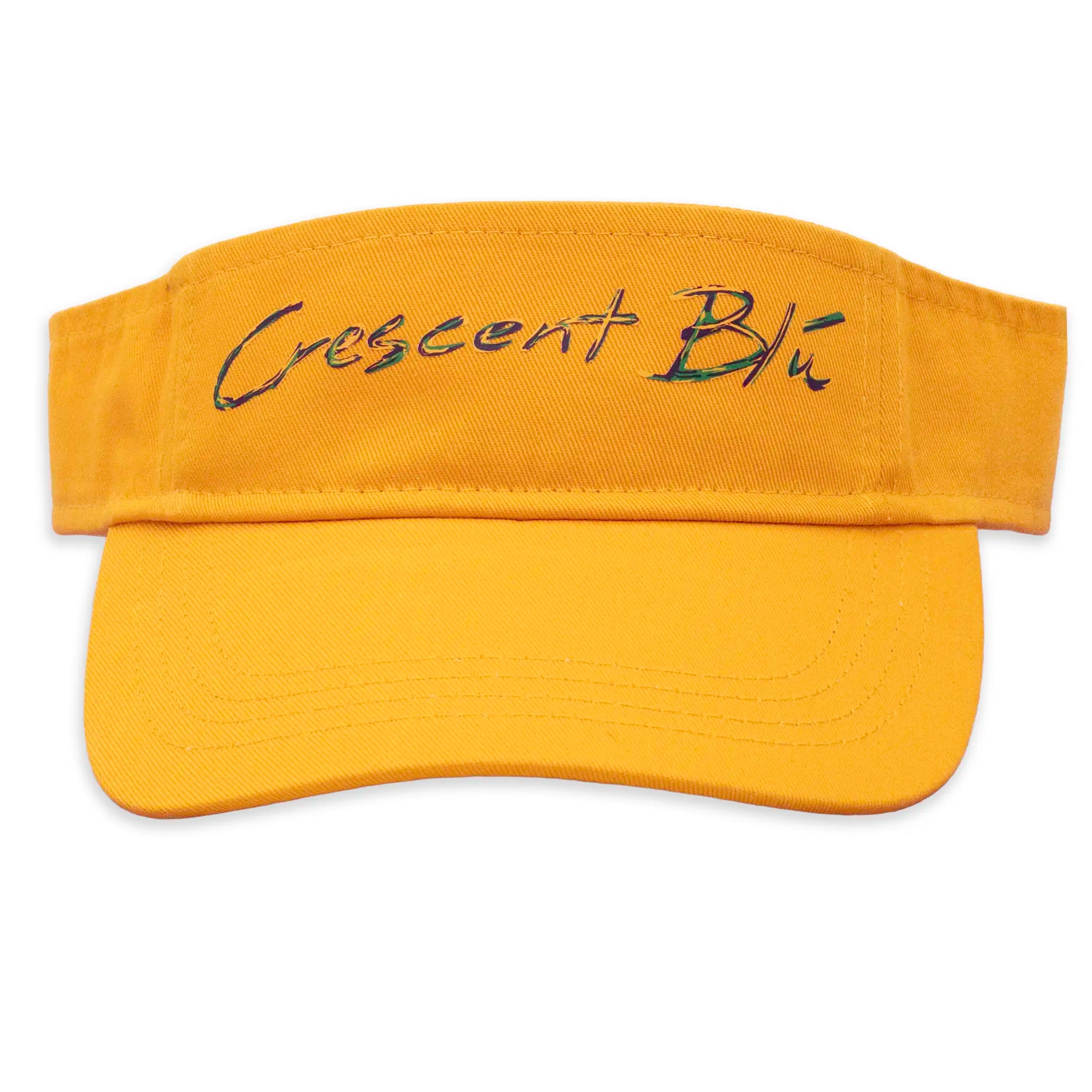 The front of a Crescent Blu gold Mardi Gras gold canvas visor.