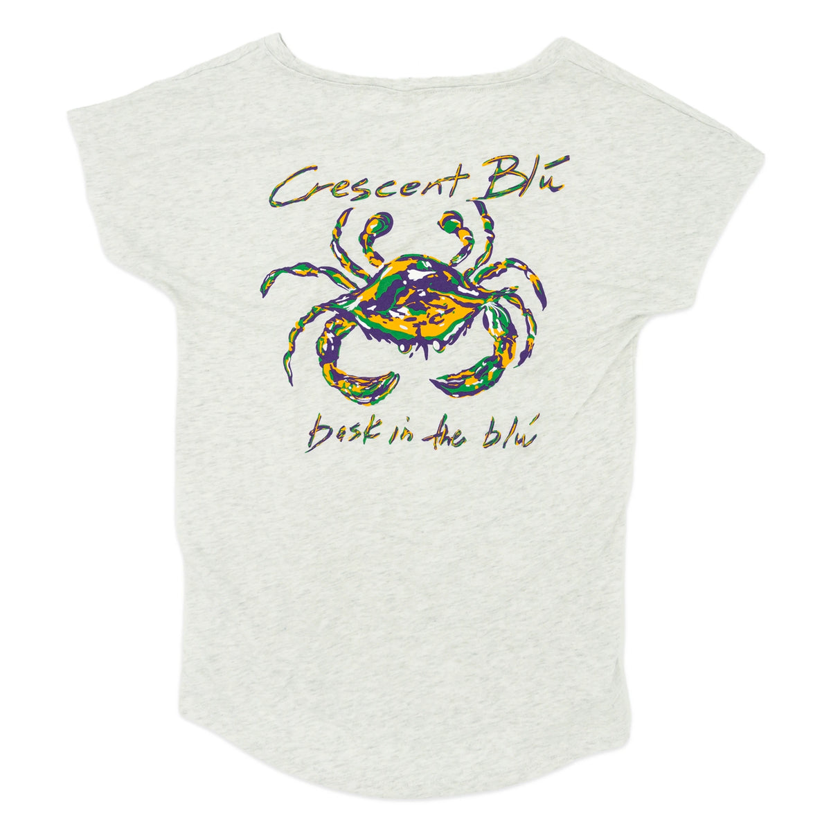 A heather white womens dolman short-sleeve t-shirt with a mardi gras crab centered on the back