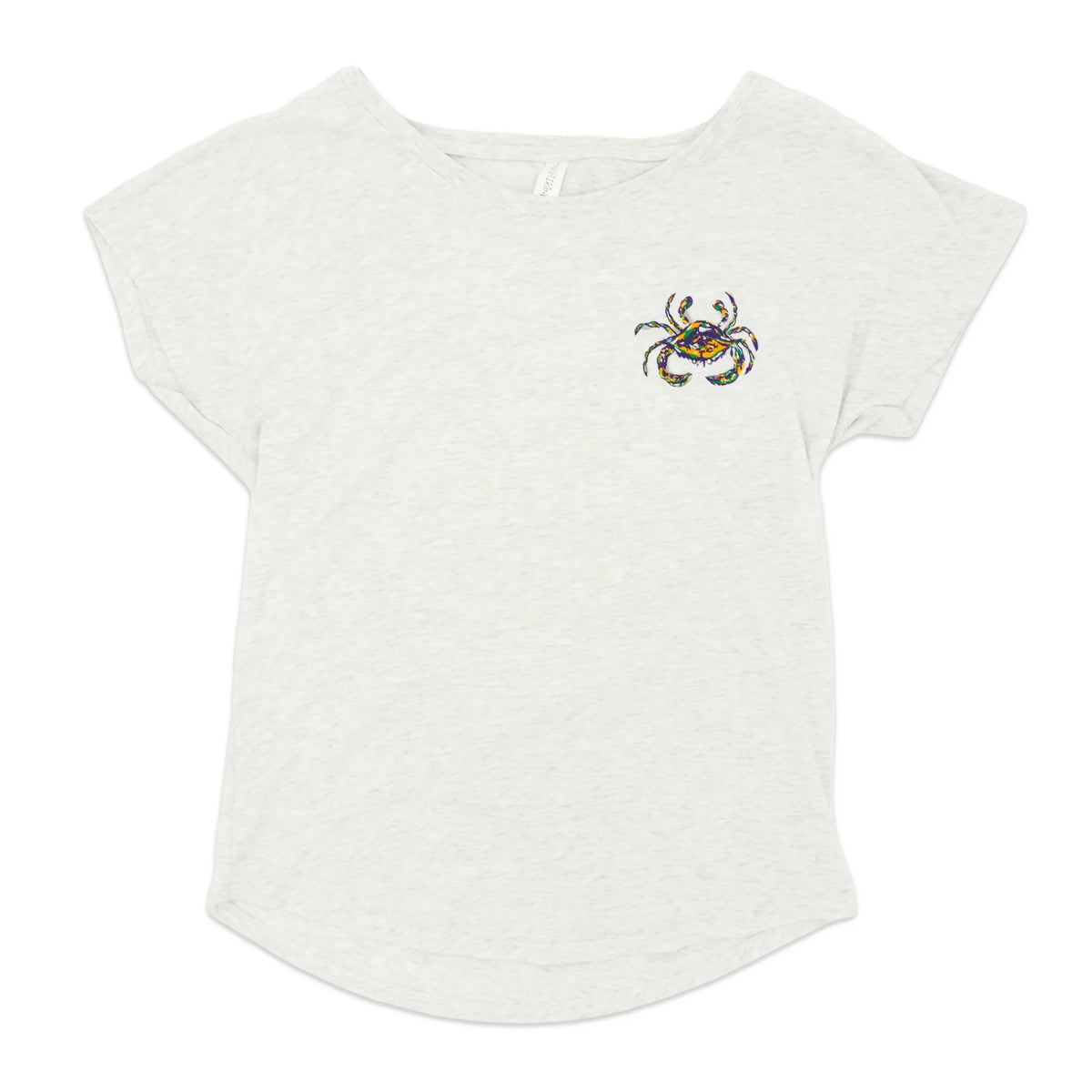 The front of a light heather gray short-sleeve t-shirt with a small mardi gras crab graphic on the left chest, displayed on a solid white background