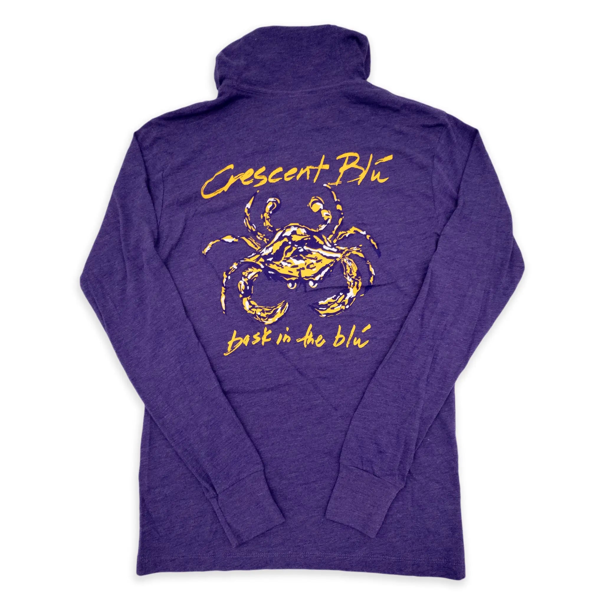 An adult long sleeve t-shirt with a hood and a purple and gold LSU colored crab on the back