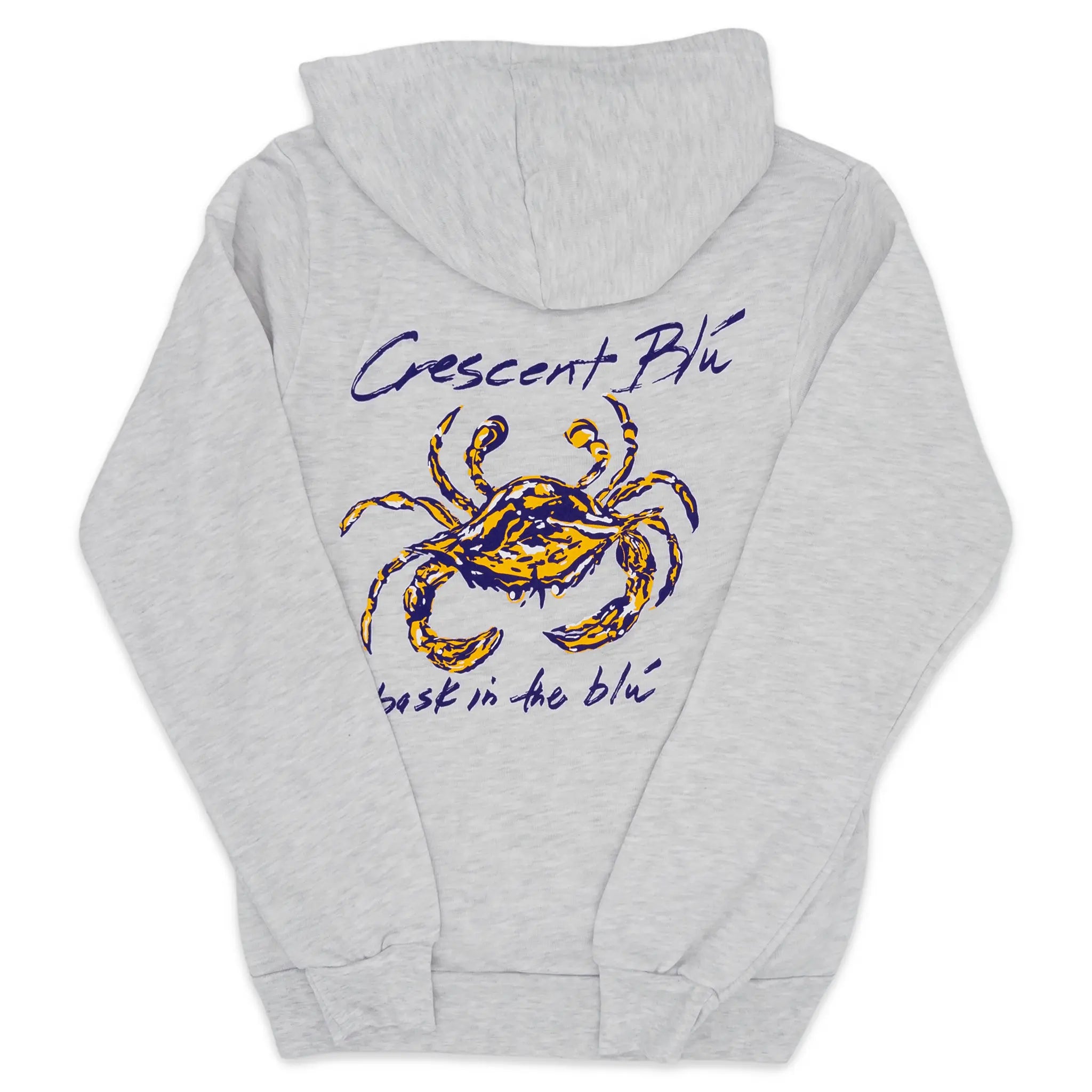 Ash hooded sweatshirt with large purple and gold crab graphic and Crescent Blú text printed on back