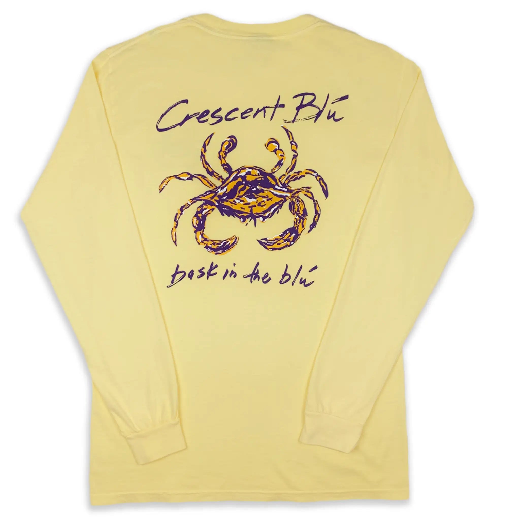 Back view of Crescent Blu Purple and Gold crab collection long sleeve t-shirt in Butter