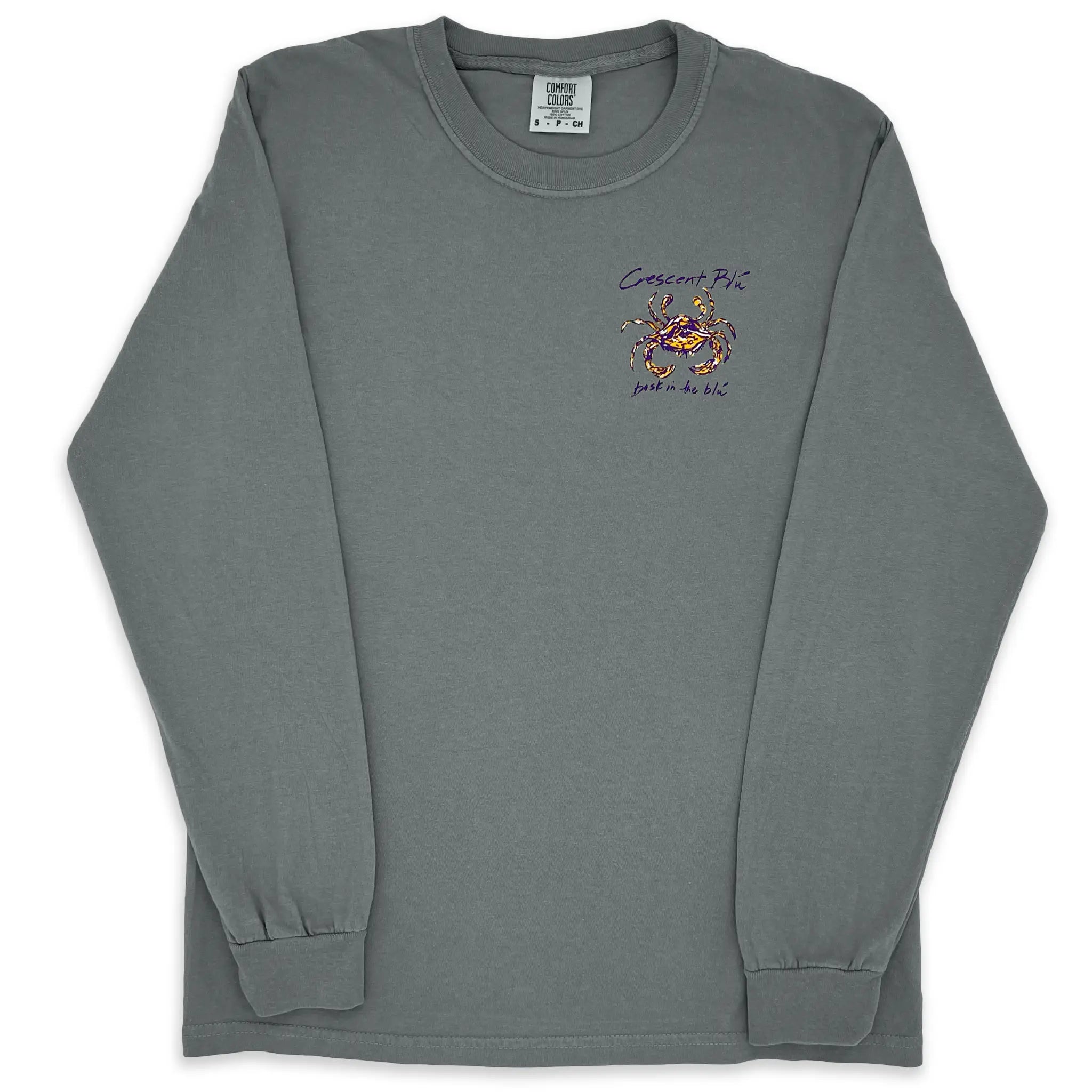 long sleeve tee with purple and gold crab logo on front left chest