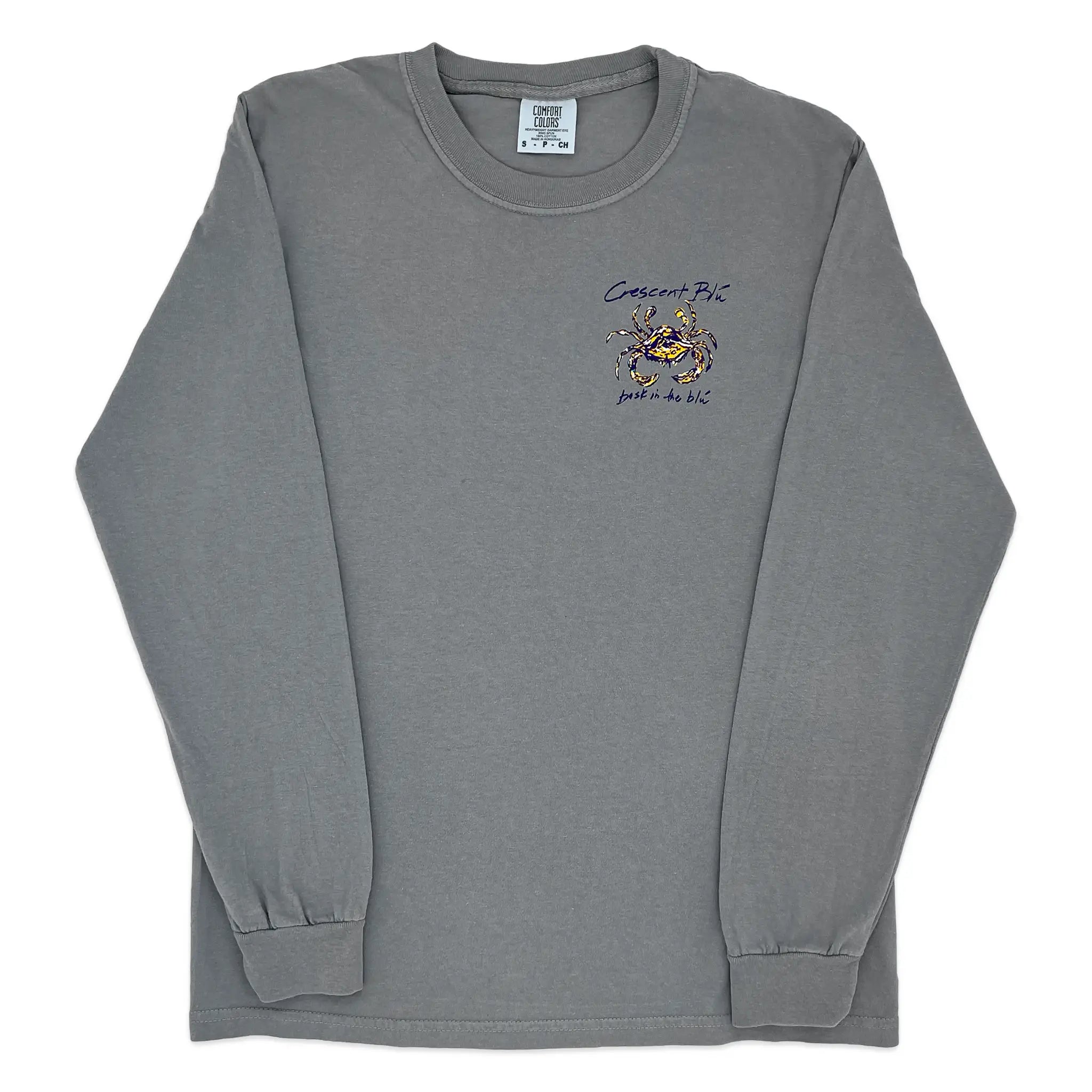 long sleeve tee with purple and gold crab logo on front left chest