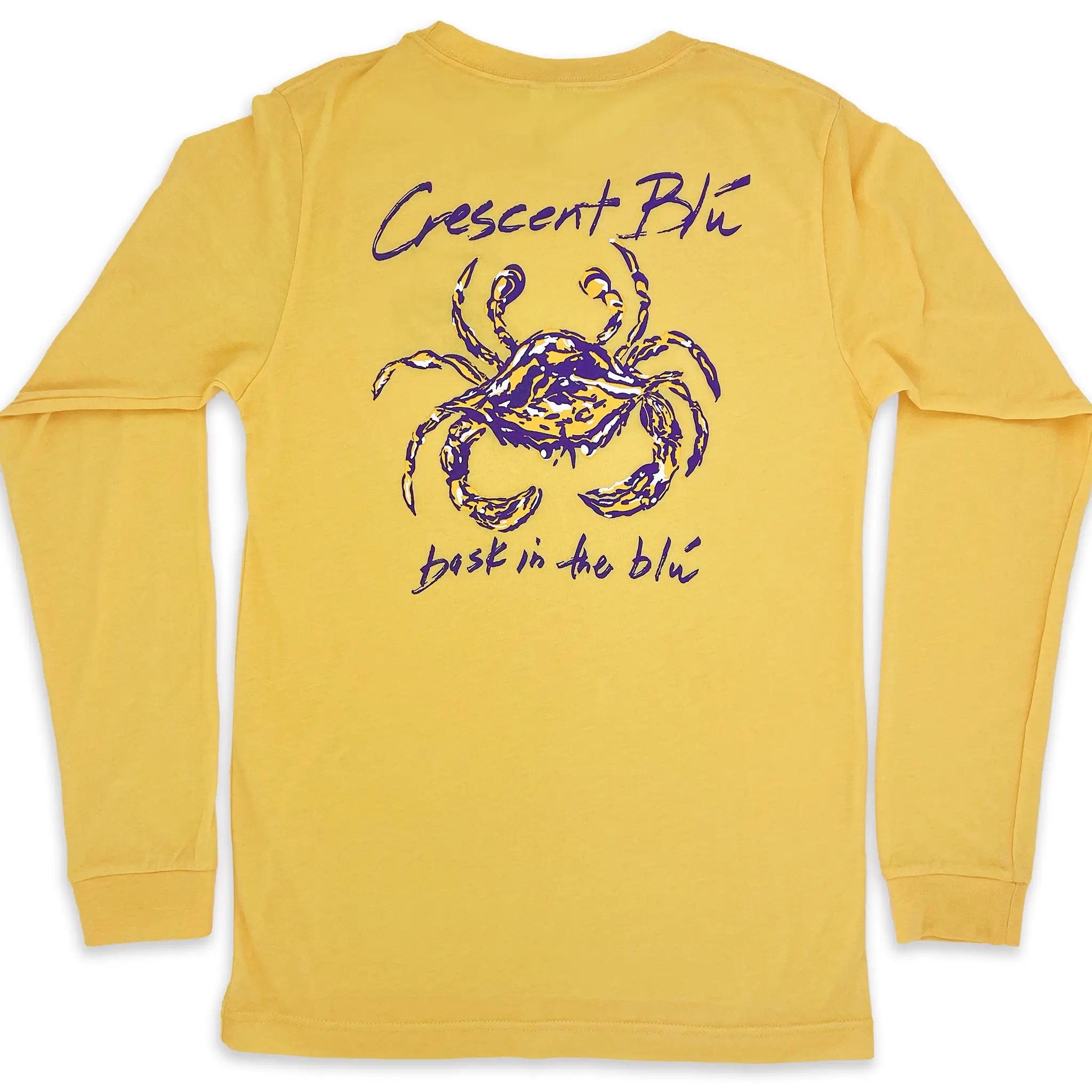 back view of long sleeve purple and gold crab collection in butter