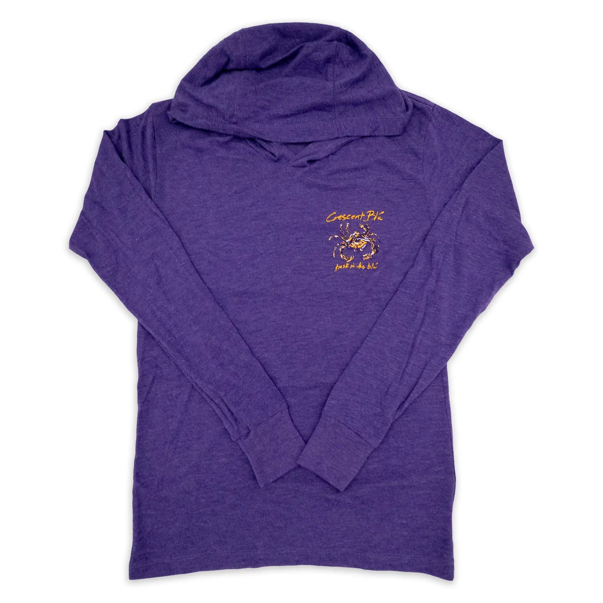 Purple hoodie long sleeve t-shirt with an LSU colored crab on the left chest,