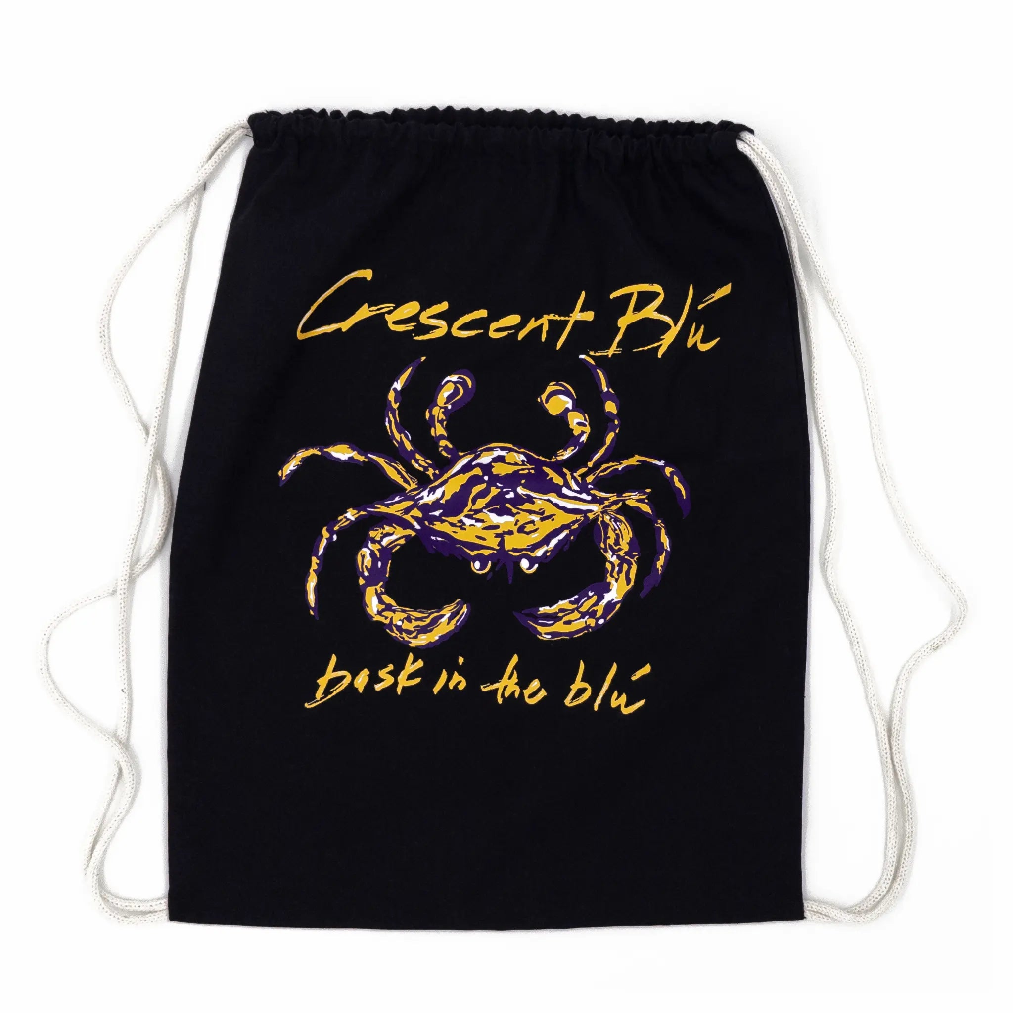Black drawstring bag with a purple and gold crab design and 'Crescent Blu' text on a white background.