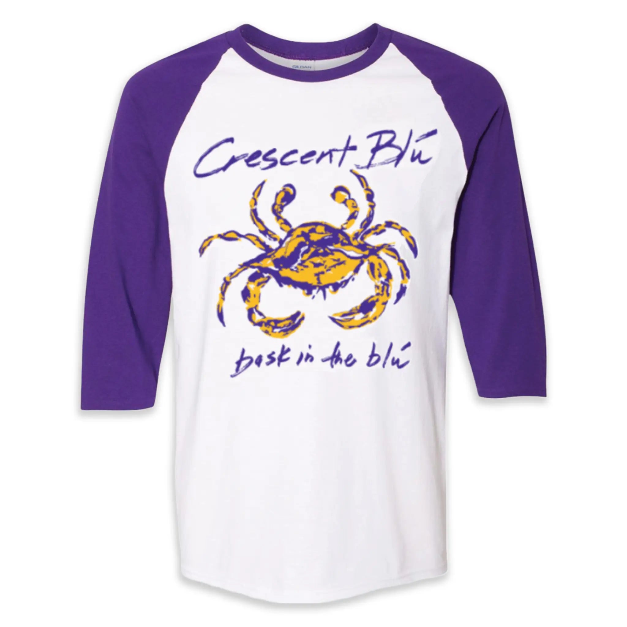 Front view of Crescent Blu 3/4 length sleeve raglan Purple and Gold crab Adult  t-shirt