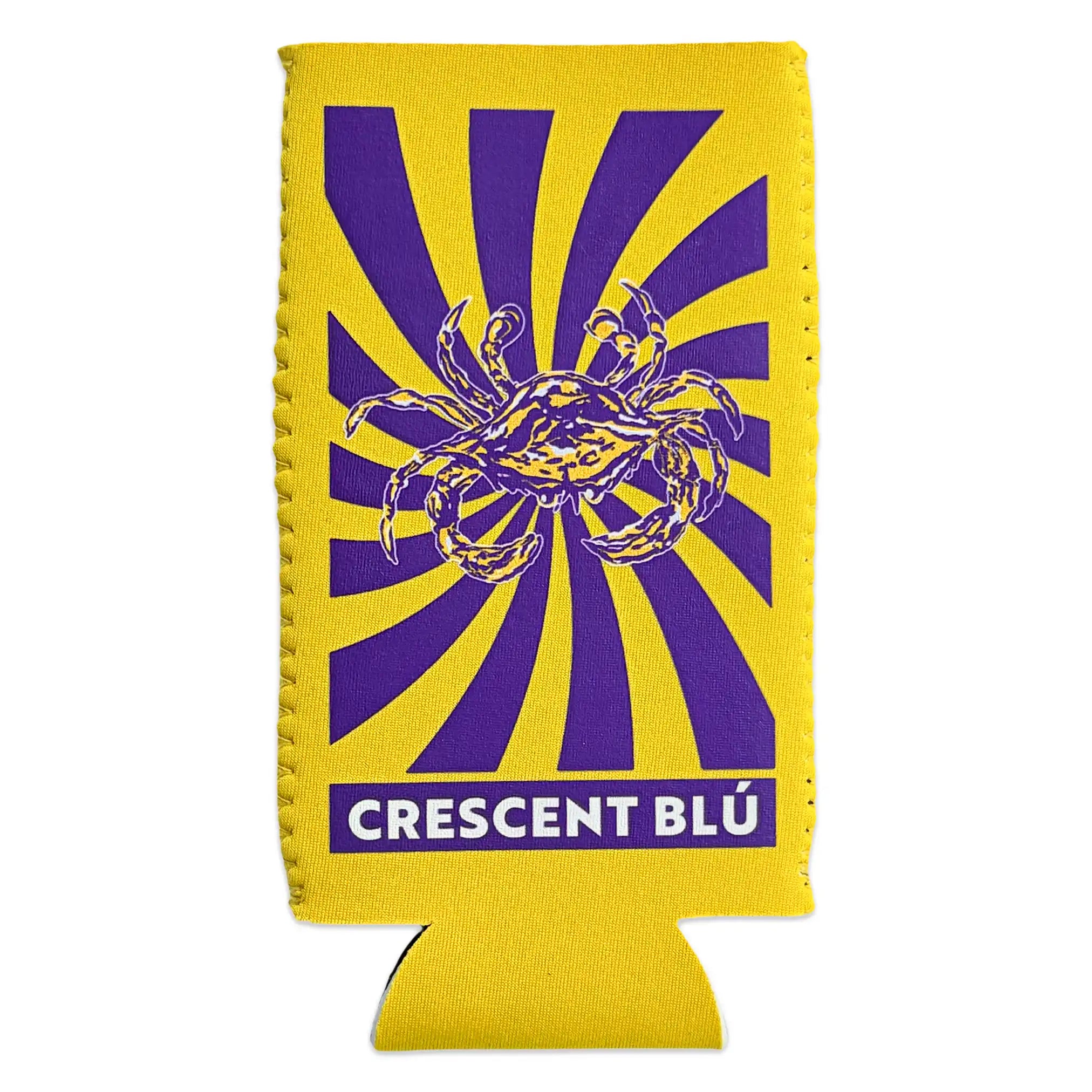 Yellow slim can cooler with purple and gold blue crab design and Crescent Blu text