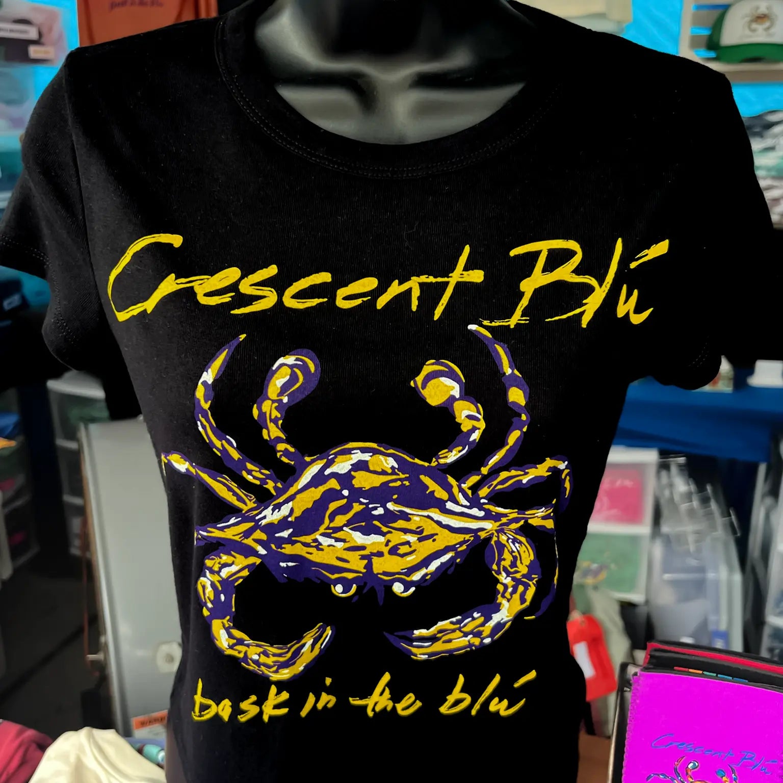 Purple & Gold Signature Crab Women's Micro Rib Baby Tee on black