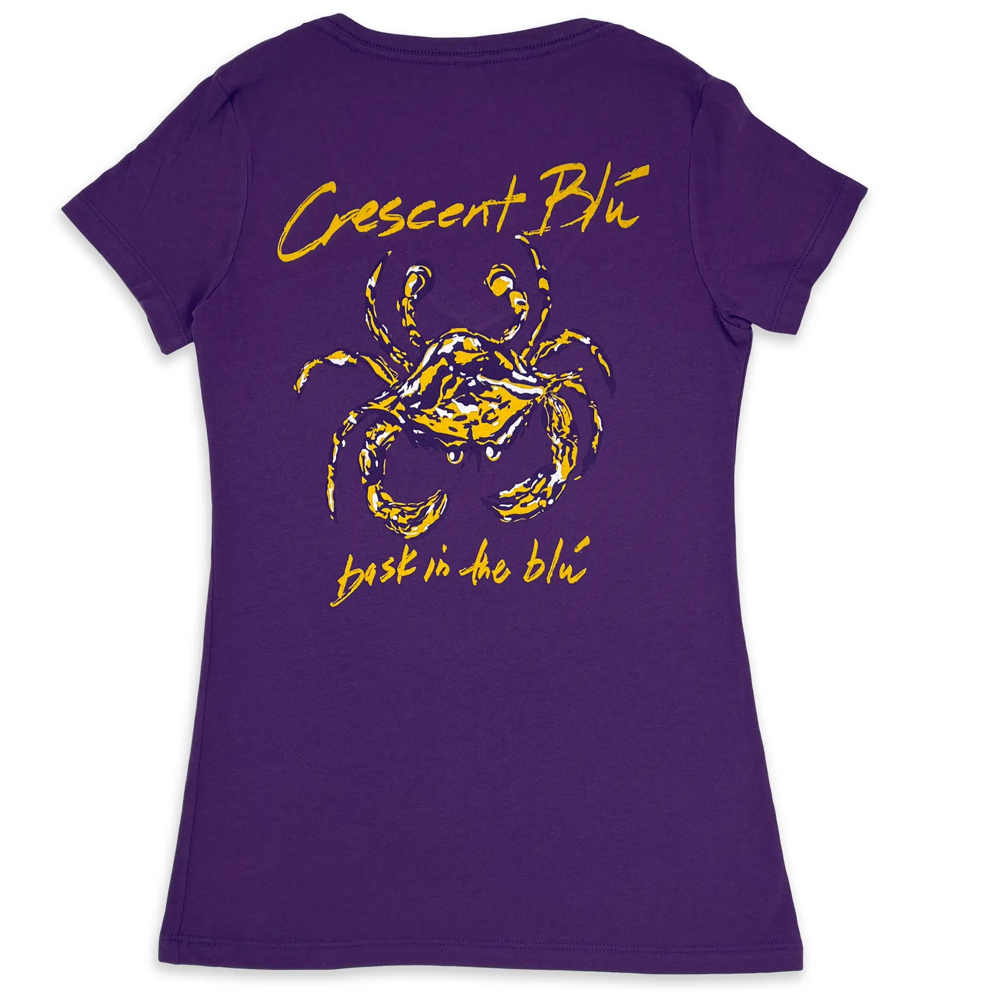 Ladies purple tee back view with large purple and gold Crescent Blu crab logo